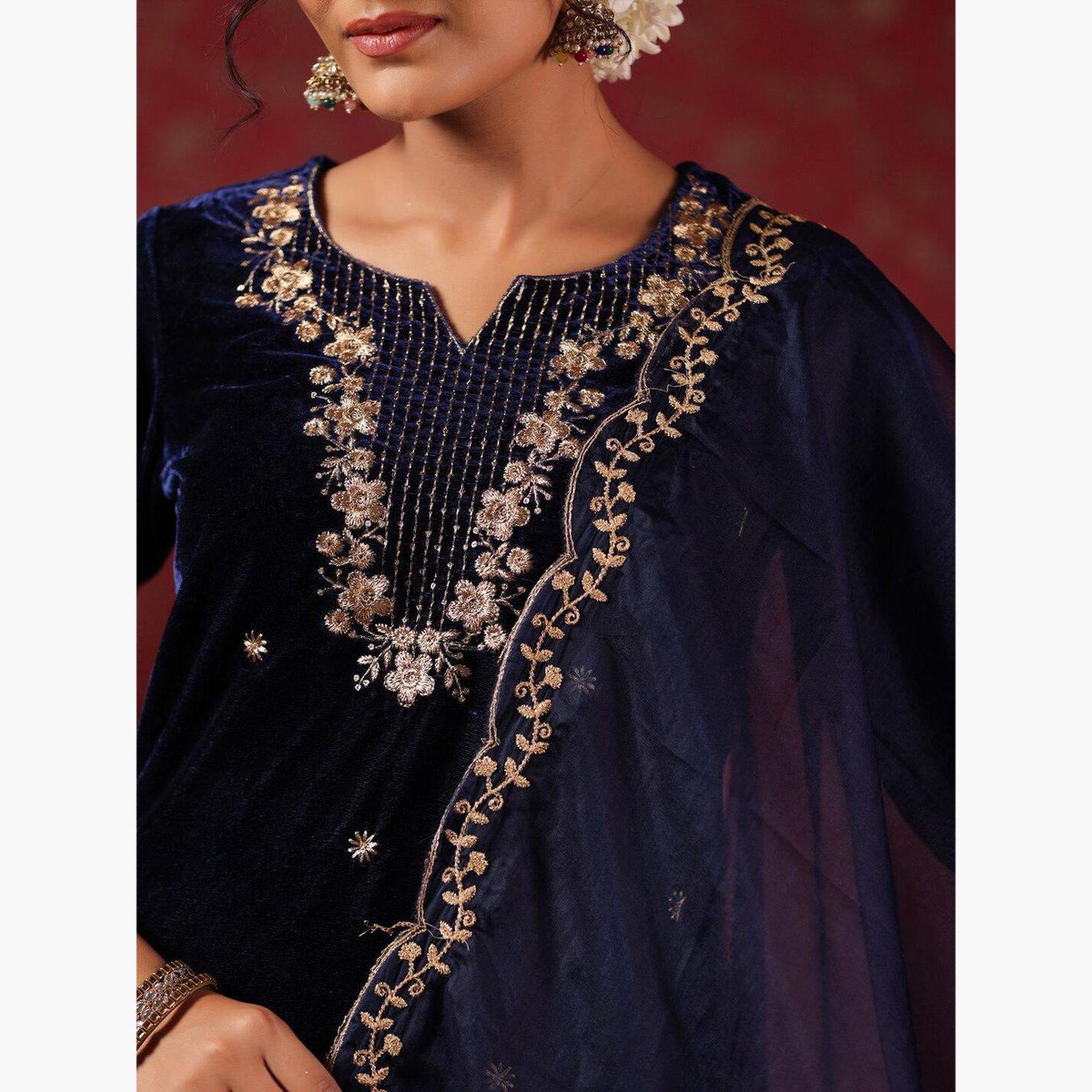 ايشين - كورتا (قميص طويل) مخملي أزرق داكن مع بنطال و وشاح دوباتا-women-clothing-ethnicwear-kurtasets-image-4