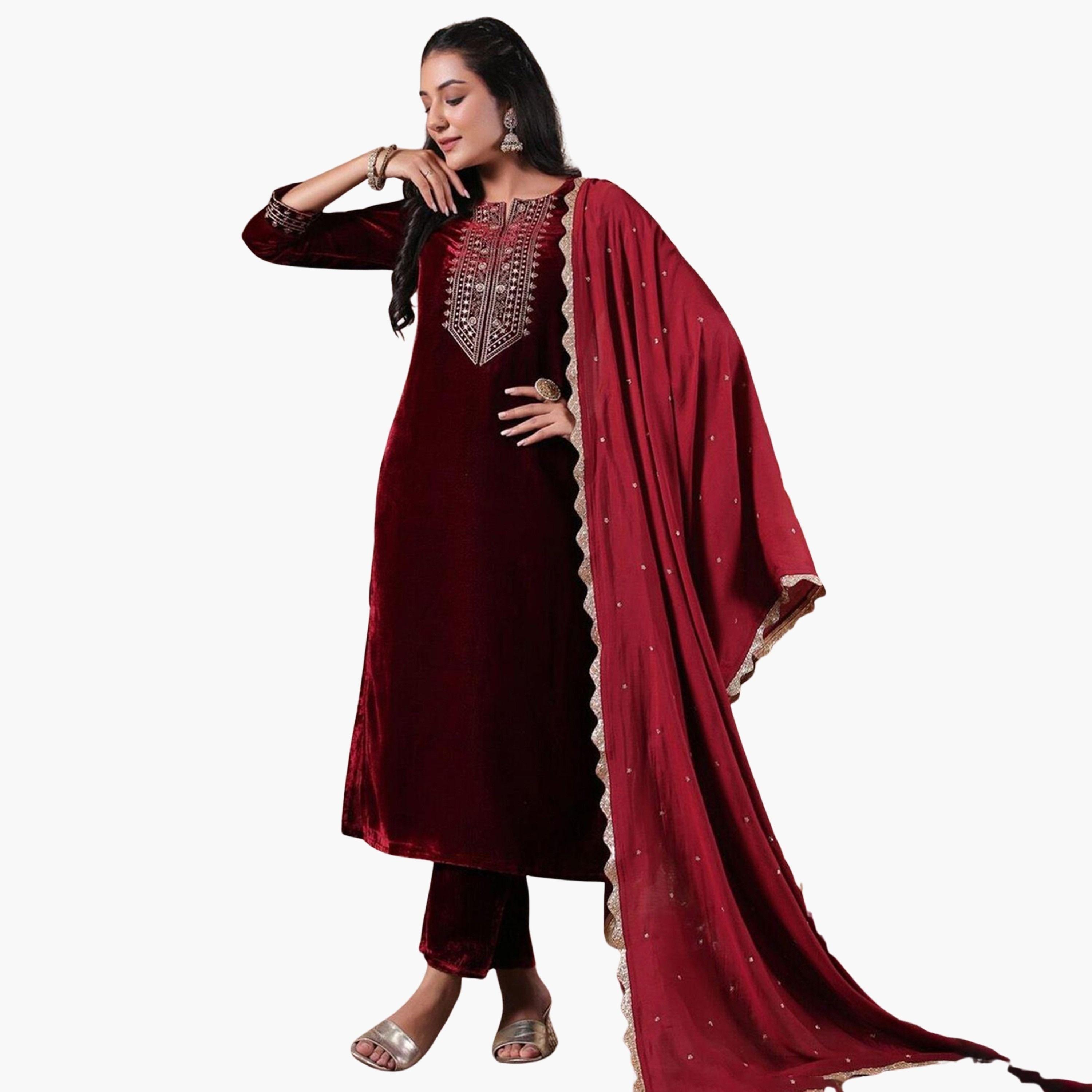 Ishin X Styli Maroon Velvet Kurta with Pants and Dupatta Set-women-clothing-ethnicwear-kurtasets-image-1