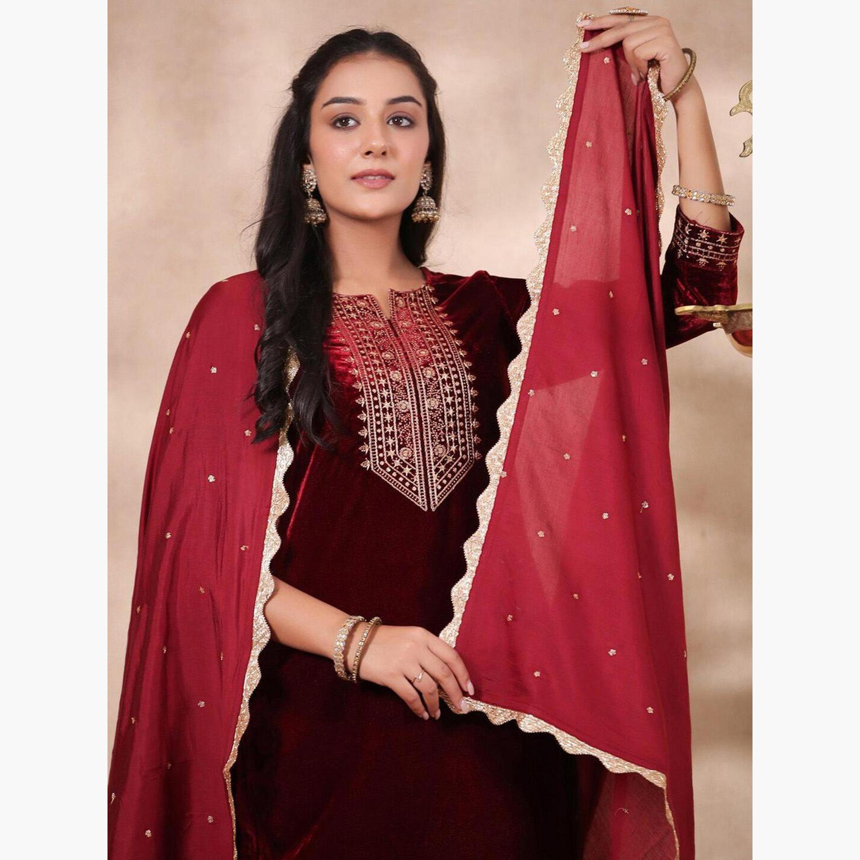 إيشين - طقم كورتا مخملي كستنائي مع بنطال دوباتا-women-clothing-ethnicwear-kurtasets-image-2