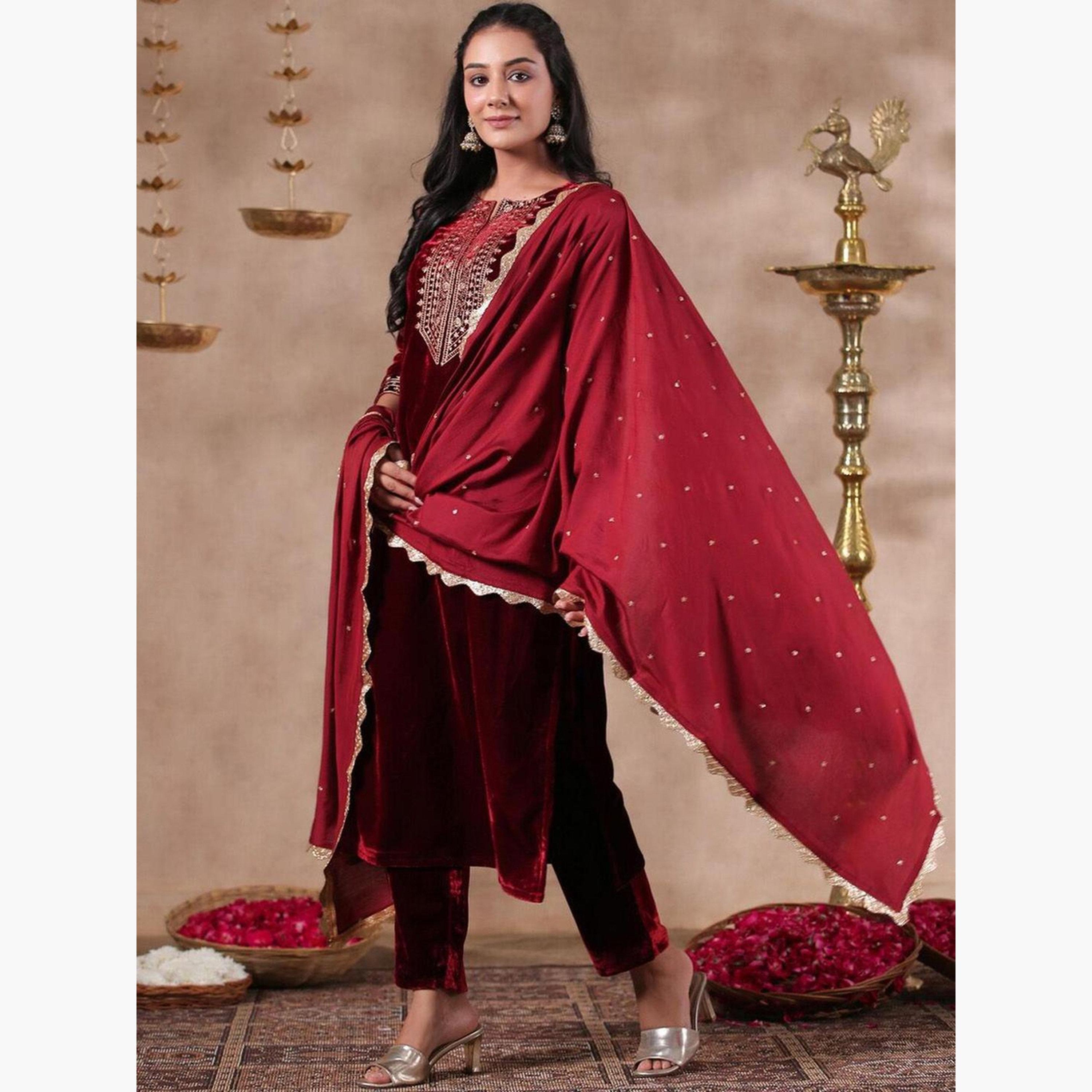 إيشين - طقم كورتا مخملي كستنائي مع بنطال دوباتا-women-clothing-ethnicwear-kurtasets-image-3