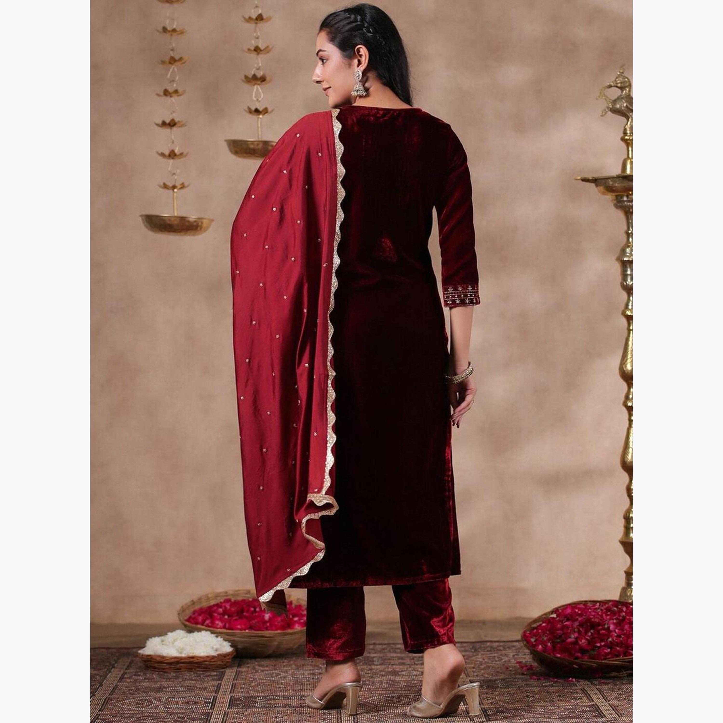 Ishin X Styli Maroon Velvet Kurta with Pants and Dupatta Set-women-clothing-ethnicwear-kurtasets-image-4