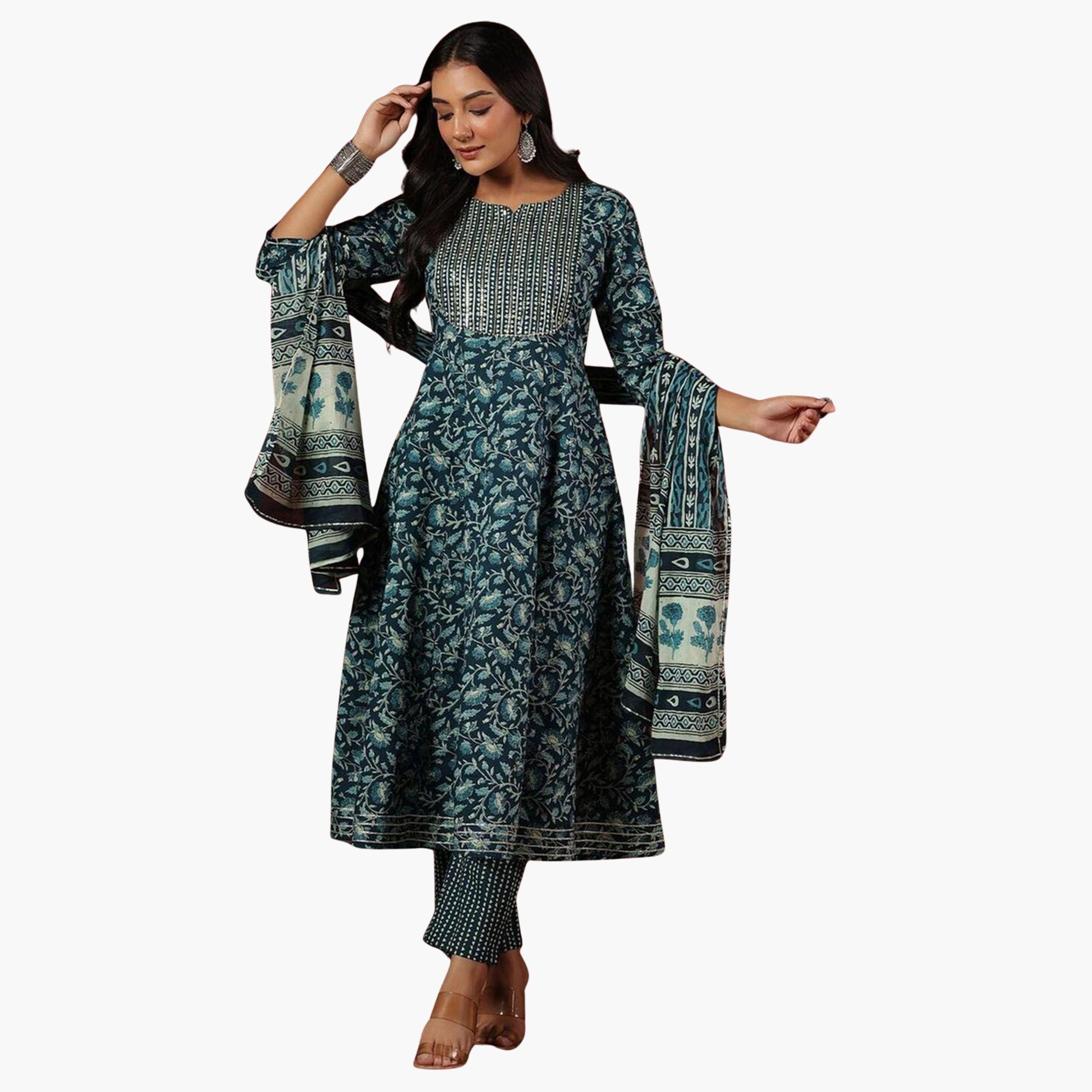 Ishin X Styli Blue Floral Kurta with Pants and Dupatta Set-women-clothing-ethnicwear-kurtasets-image-1