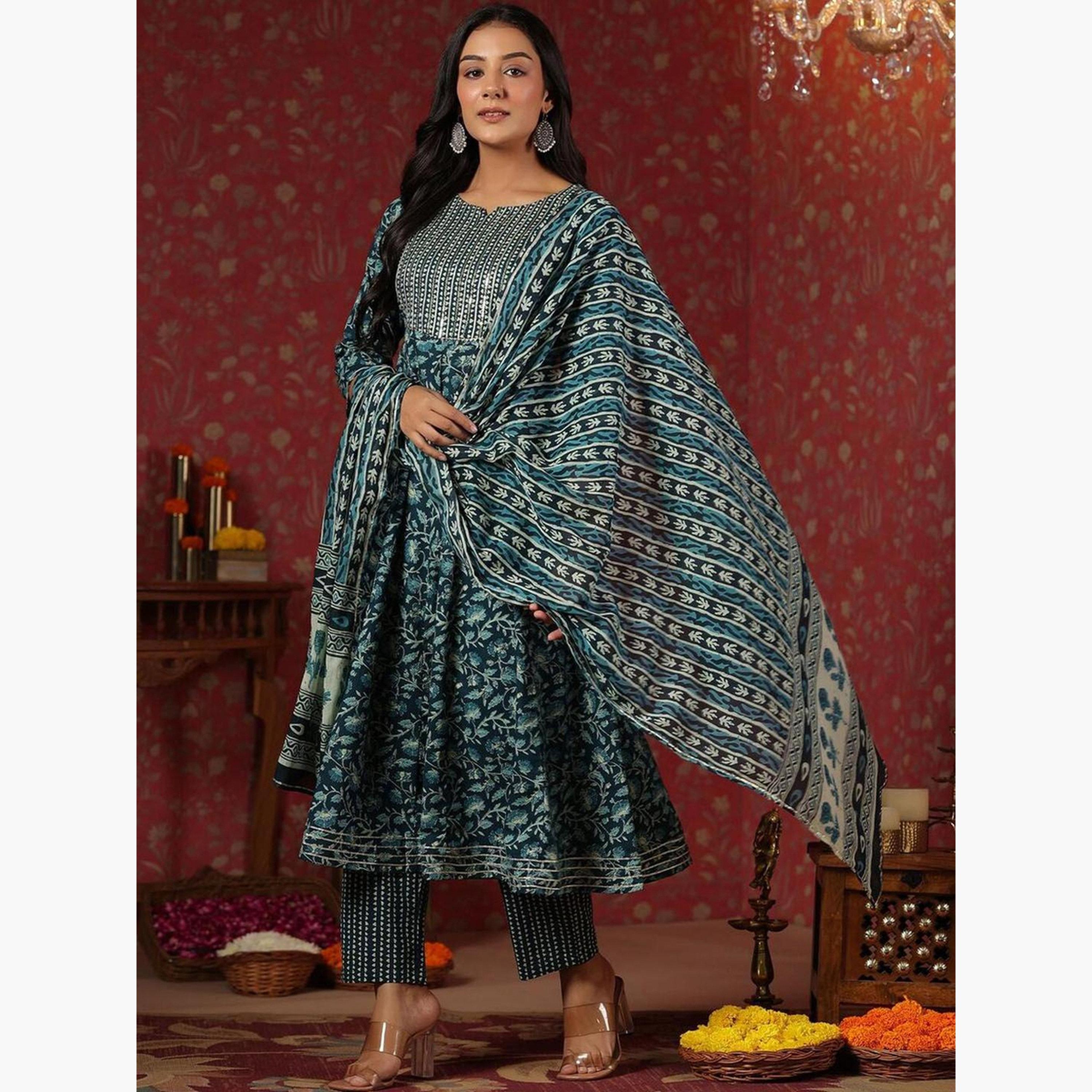 Ishin X Styli Blue Floral Kurta with Pants and Dupatta Set-women-clothing-ethnicwear-kurtasets-image-2