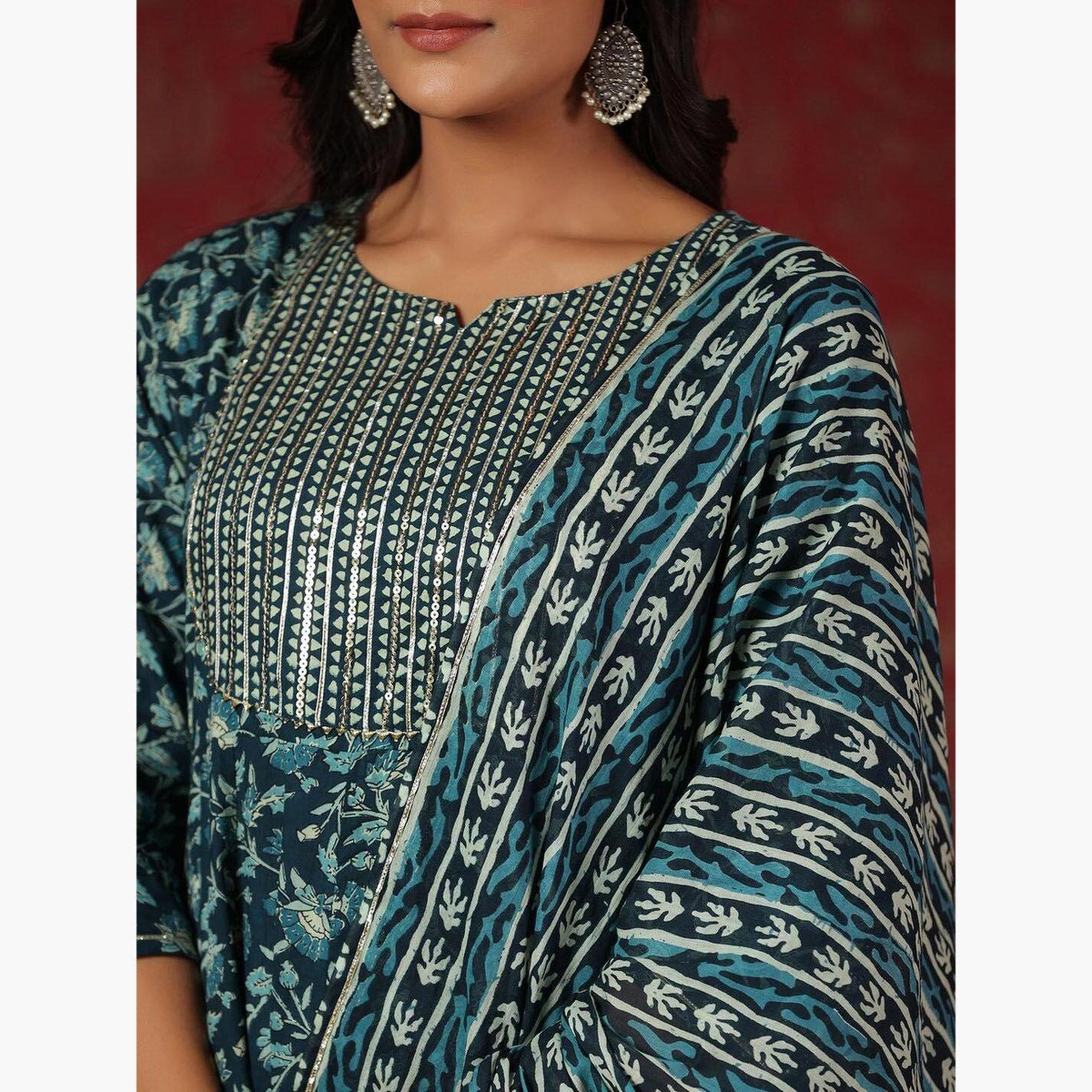 Ishin X Styli Blue Floral Kurta with Pants and Dupatta Set-women-clothing-ethnicwear-kurtasets-image-4