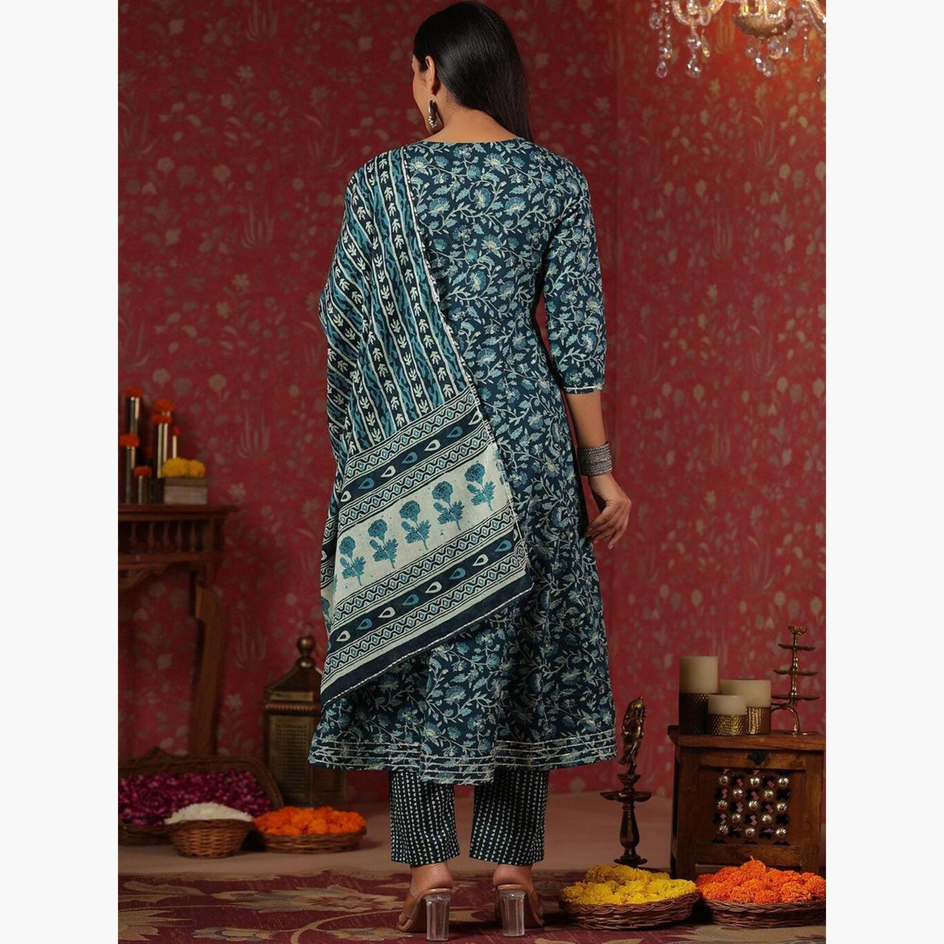 Ishin X Styli Blue Floral Kurta with Pants and Dupatta Set-women-clothing-ethnicwear-kurtasets-image-5