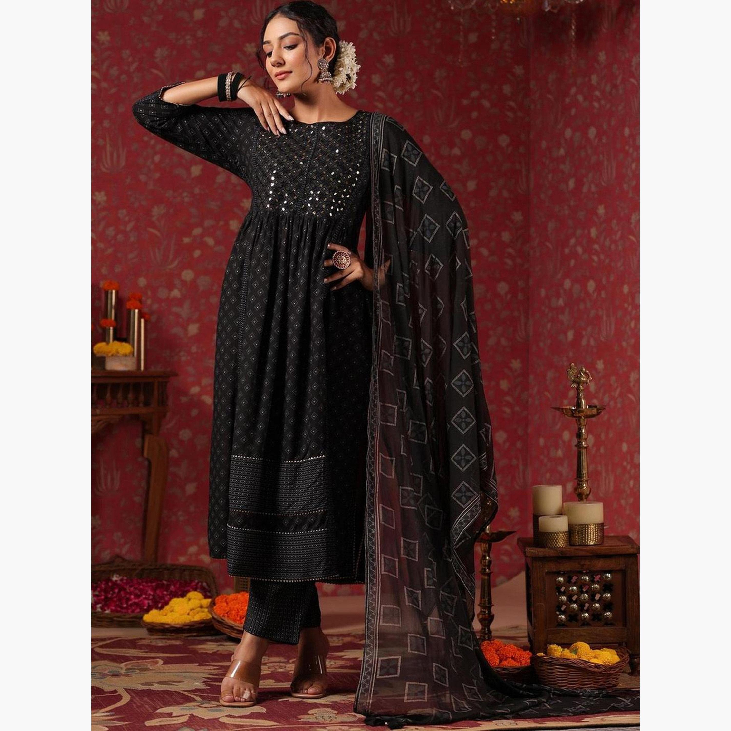 إيشين - طقم كورتا من قماش رايون فيسكوز أسود مع بنطال ووشاح-women-clothing-ethnicwear-kurtasets-image-3
