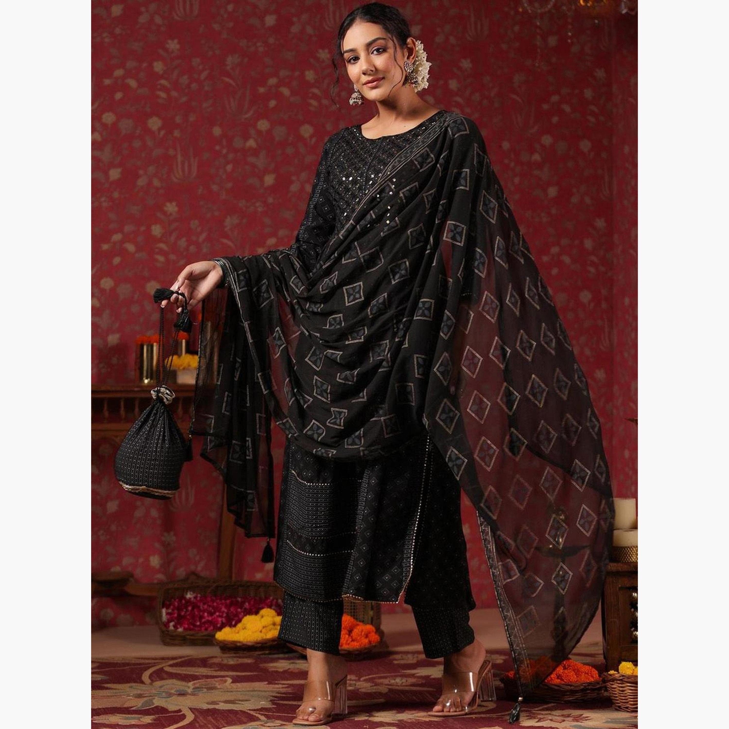 إيشين - طقم كورتا من قماش رايون فيسكوز أسود مع بنطال ووشاح-women-clothing-ethnicwear-kurtasets-image-4
