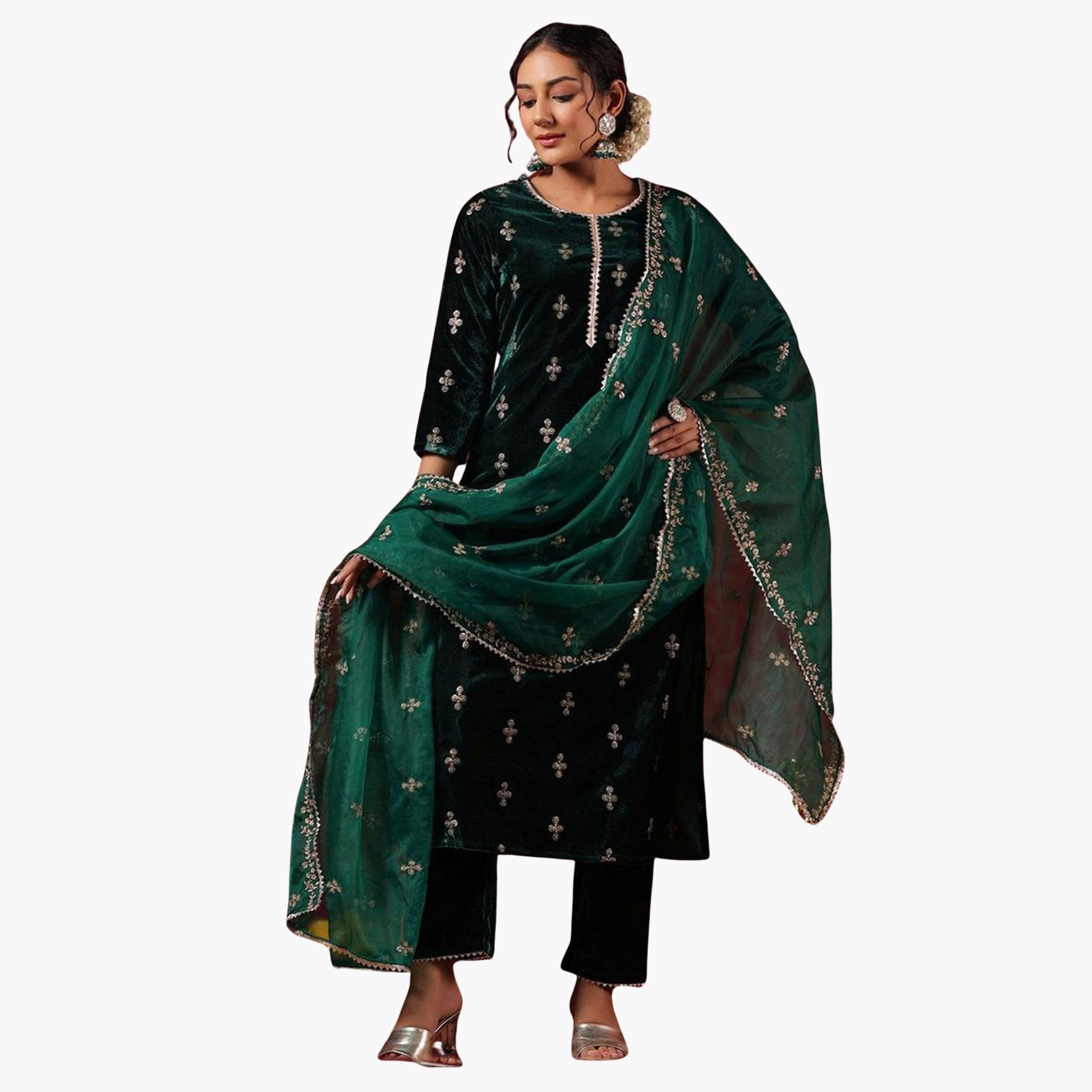 Ishin X Styli Emerald Velvet Kurta with Pants and Dupatta Set-women-clothing-ethnicwear-kurtasets-image-1