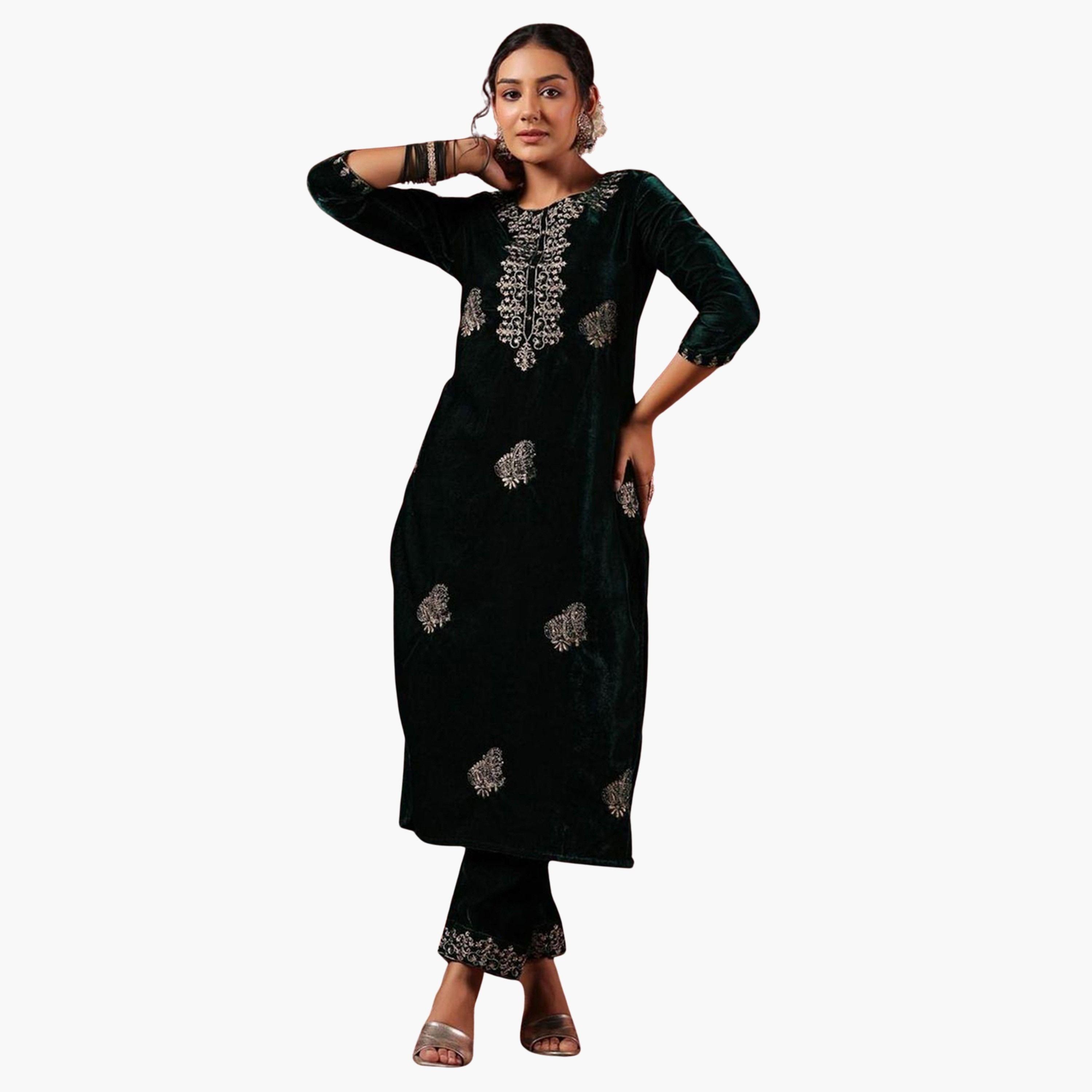 إيشين - طقم كورتا وبنطال مخملي لون أخضر الزمردي-women-clothing-ethnicwear-kurtasets-image-1