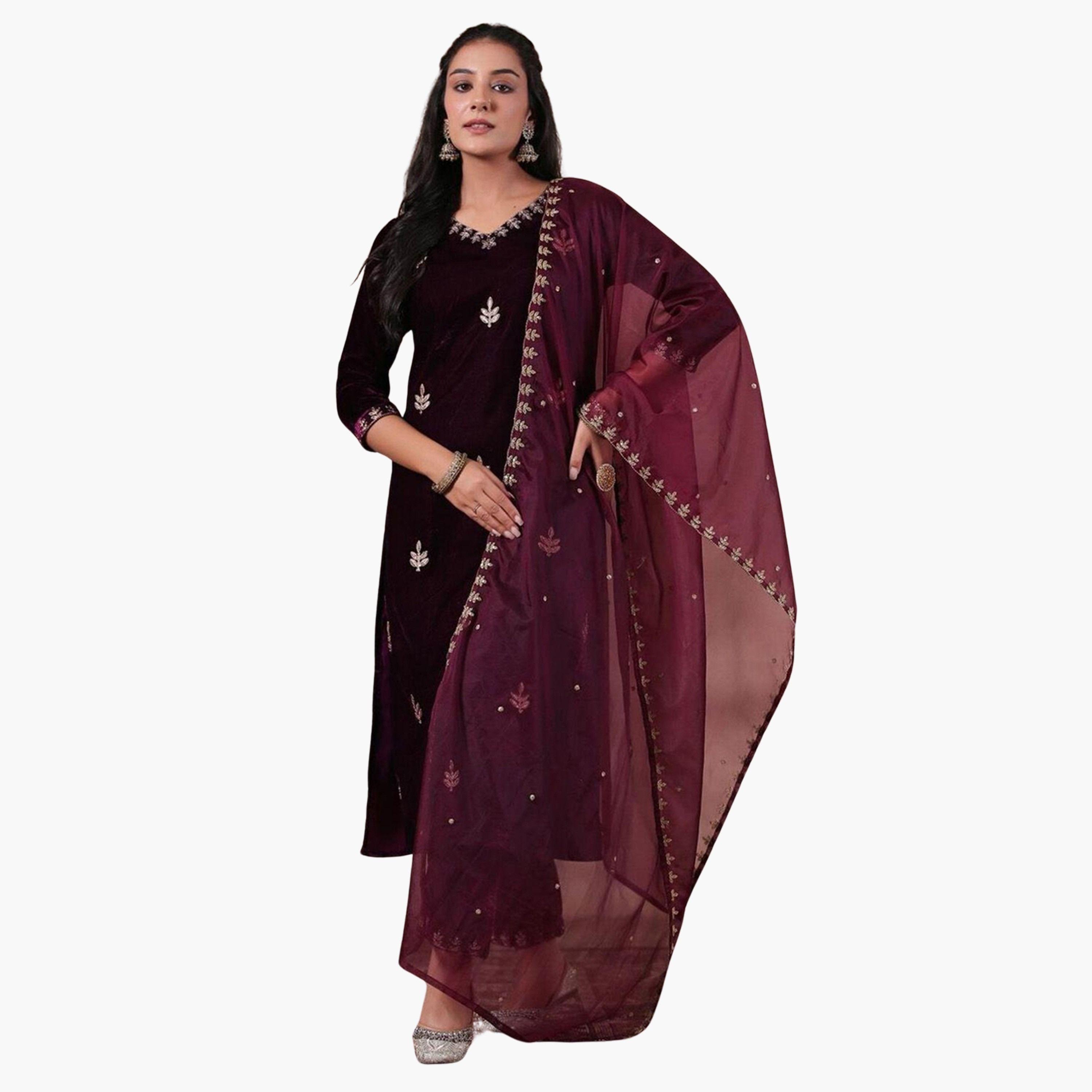 إيشين - طقم كورتا مخملي أرجواني مع بنطال دوباتا-women-clothing-ethnicwear-kurtasets-image-1