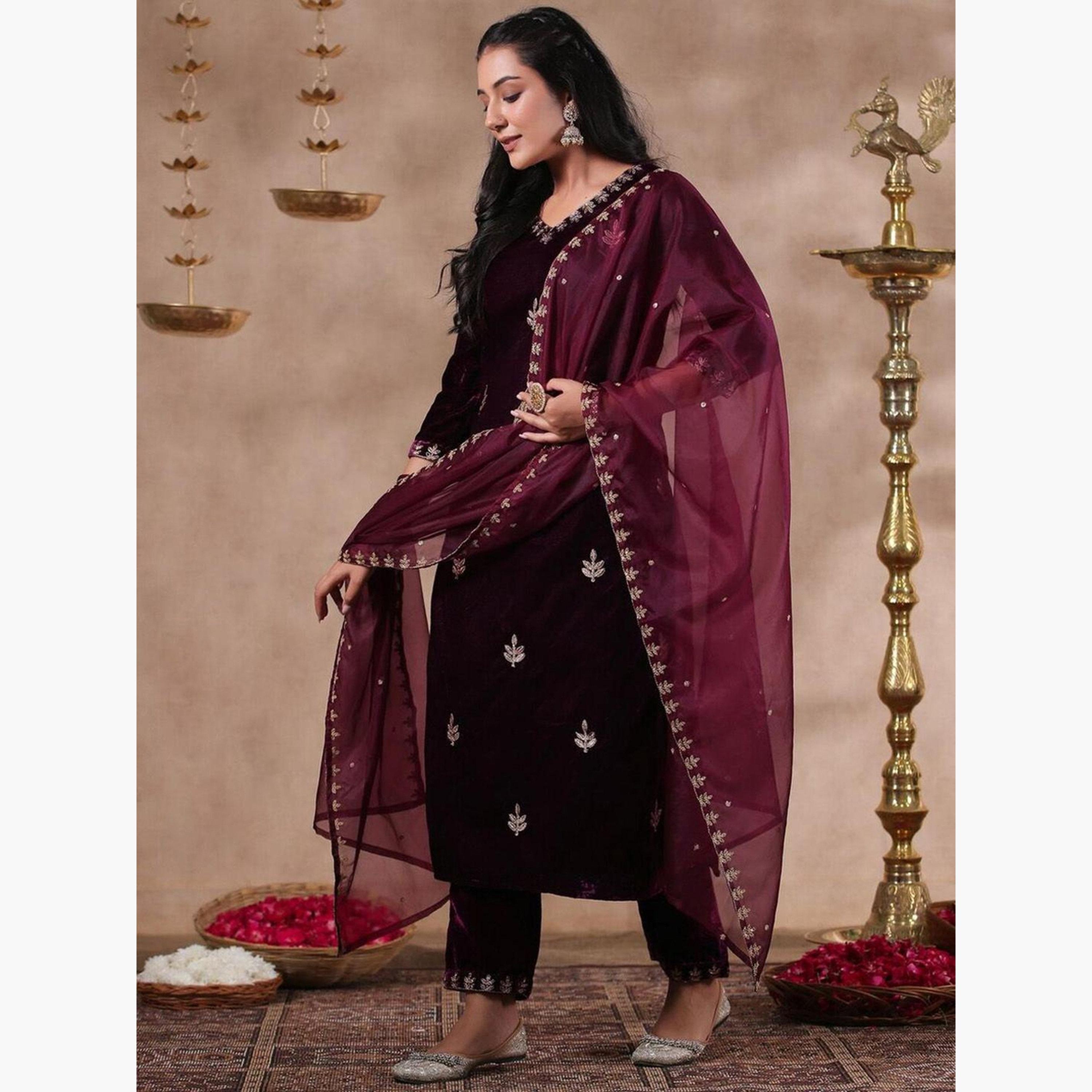 Ishin X Styli Purple Velvet Kurta with Pants and Dupatta Set-women-clothing-ethnicwear-kurtasets-image-3