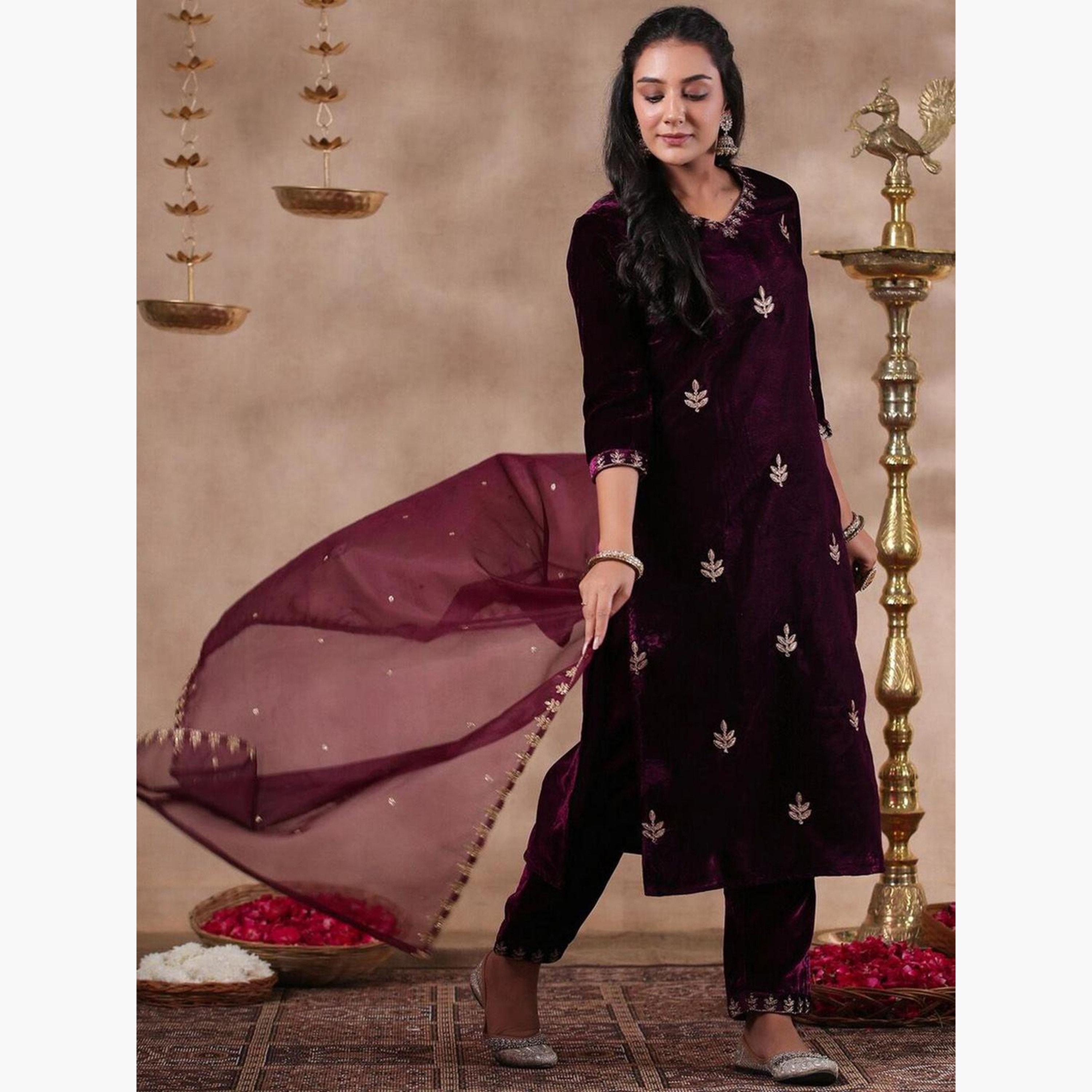 Ishin X Styli Purple Velvet Kurta with Pants and Dupatta Set-women-clothing-ethnicwear-kurtasets-image-4