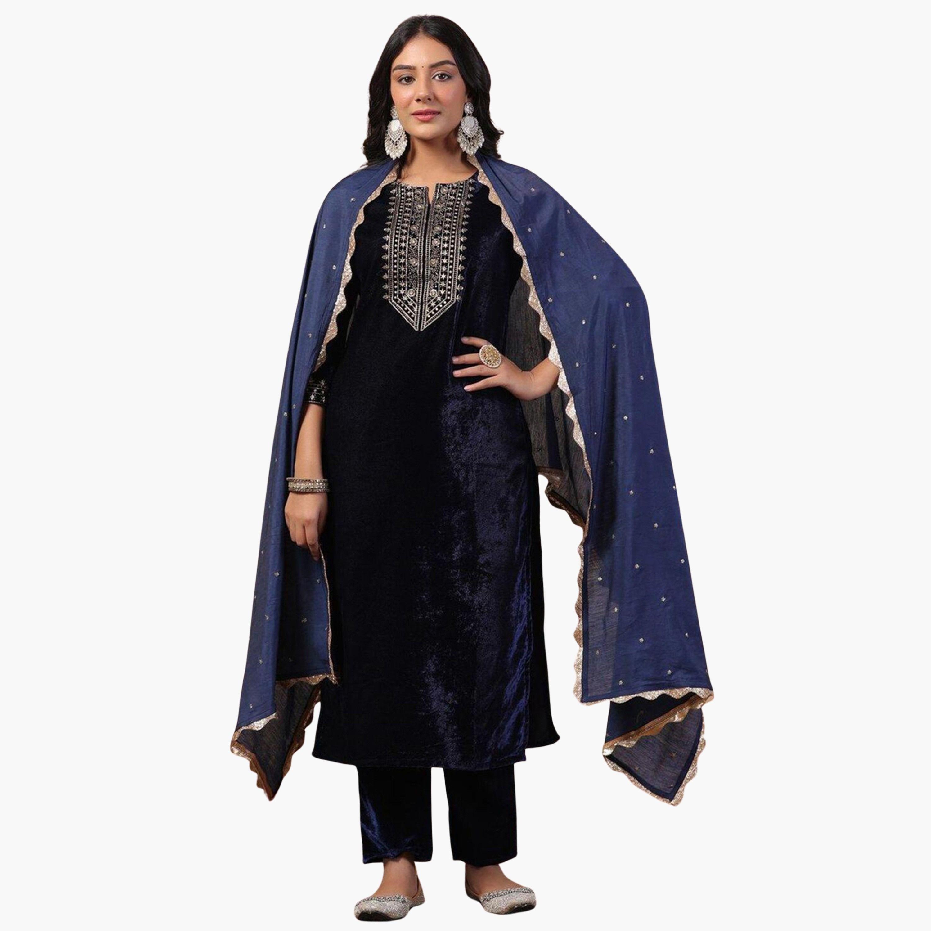 إيشين - طقم كورتا مخملي أزرق داكن مع بنطال ووشاح-women-clothing-ethnicwear-kurtasets-image-1