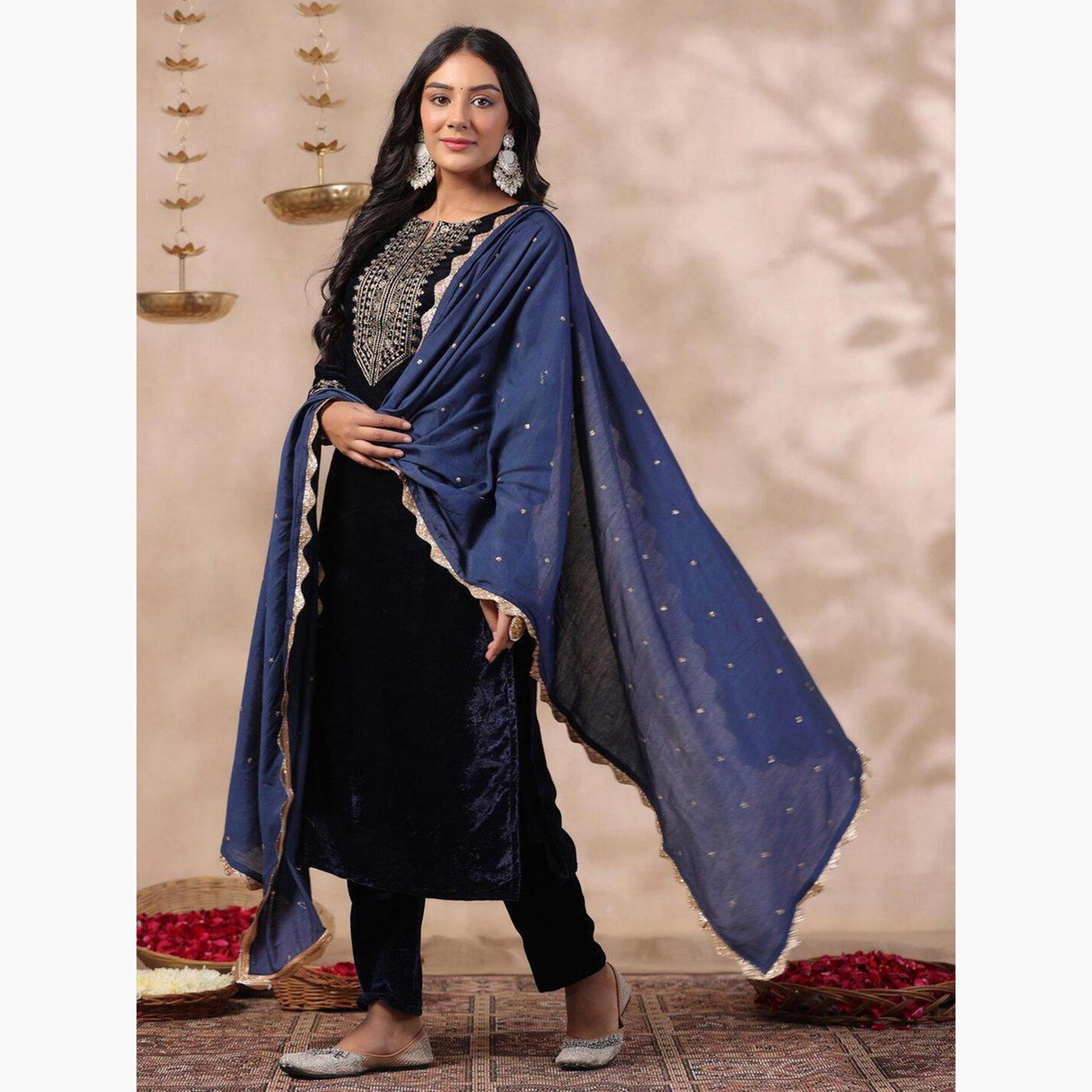 Ishin X Styli Navy Blue Velvet Kurta with Pants and Dupatta Set-women-clothing-ethnicwear-kurtasets-image-3