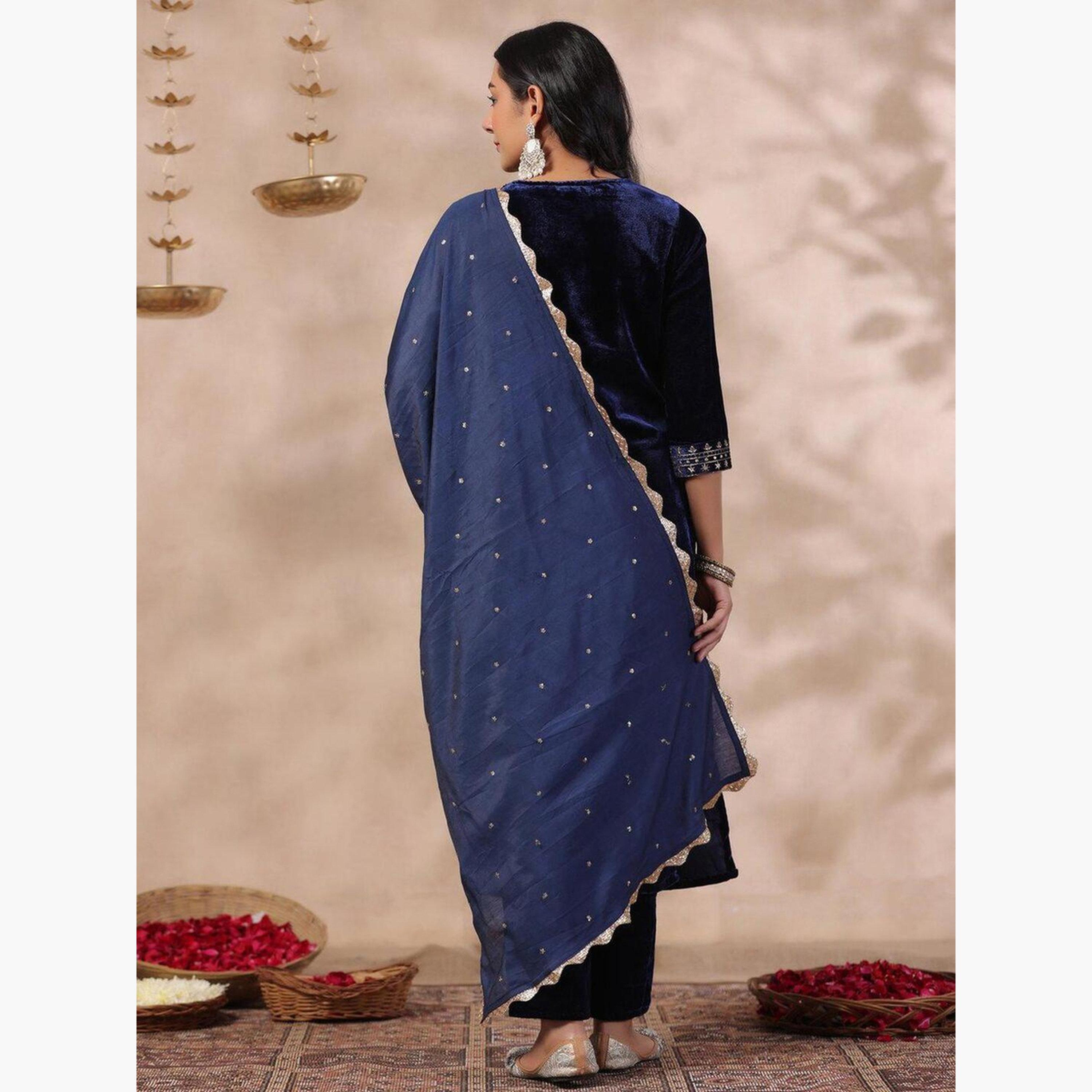 Ishin X Styli Navy Blue Velvet Kurta with Pants and Dupatta Set-women-clothing-ethnicwear-kurtasets-image-4