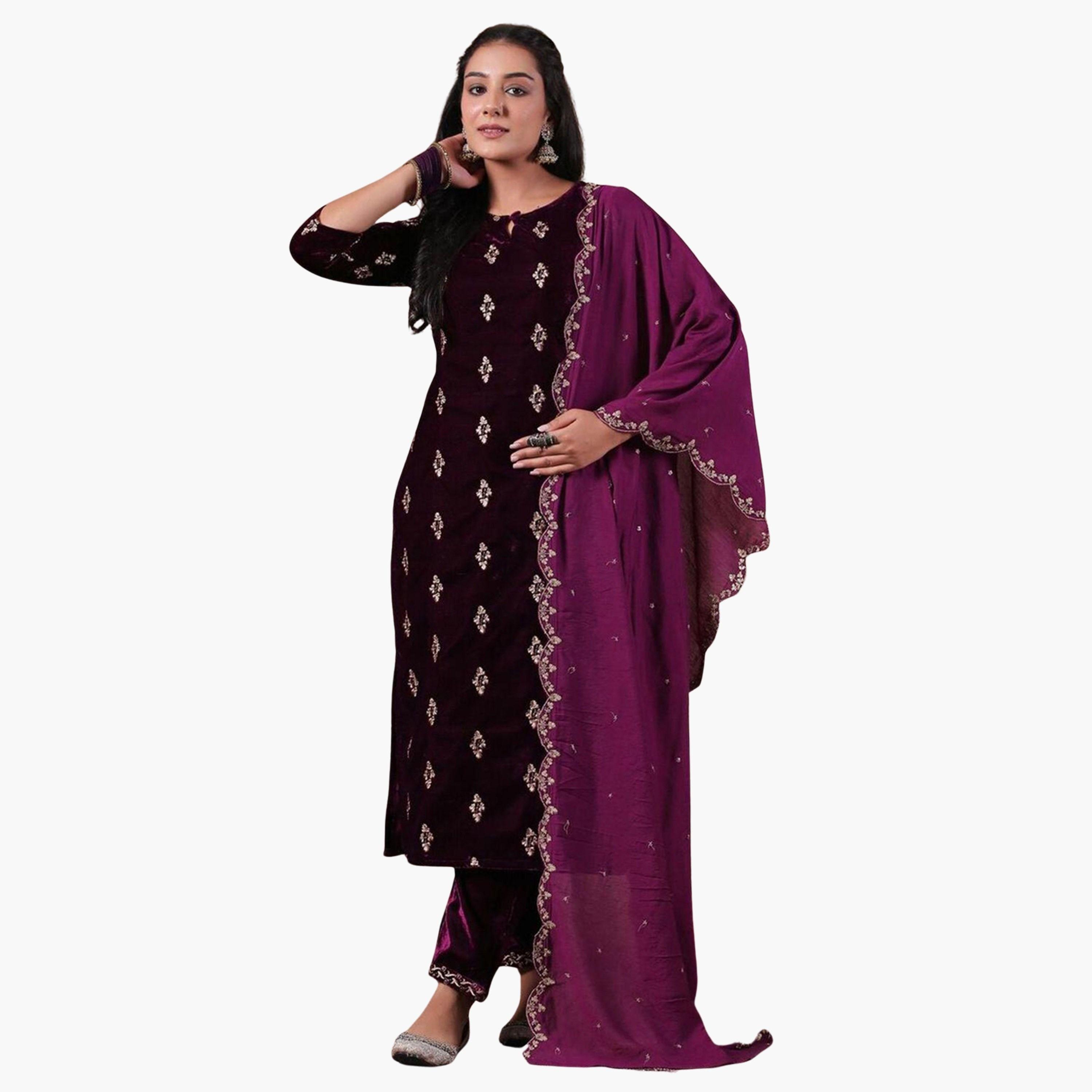إيشين - طقم كورتا مخملي أرجواني مع بنطال دوباتا-women-clothing-ethnicwear-kurtasets-image-1