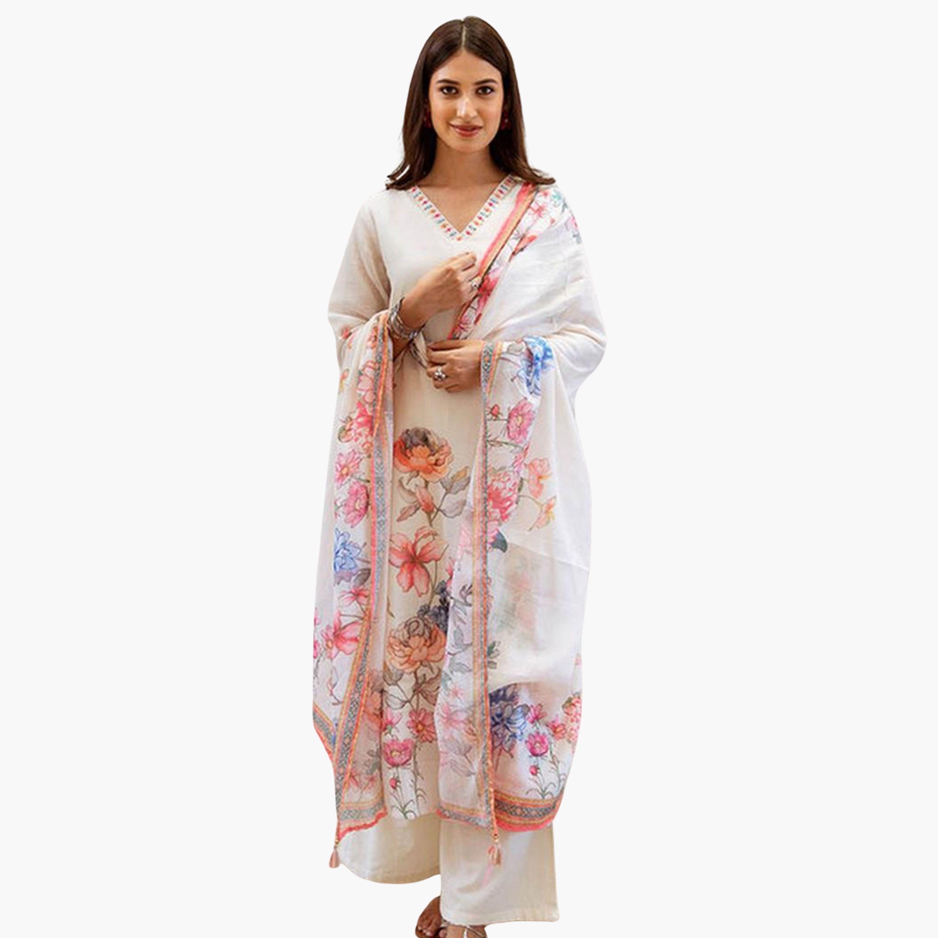 إيشين - طقم كورتا من الكتان لون أبيض العاجي مع بنطال ووشاح-women-clothing-ethnicwear-kurtasets-image-1