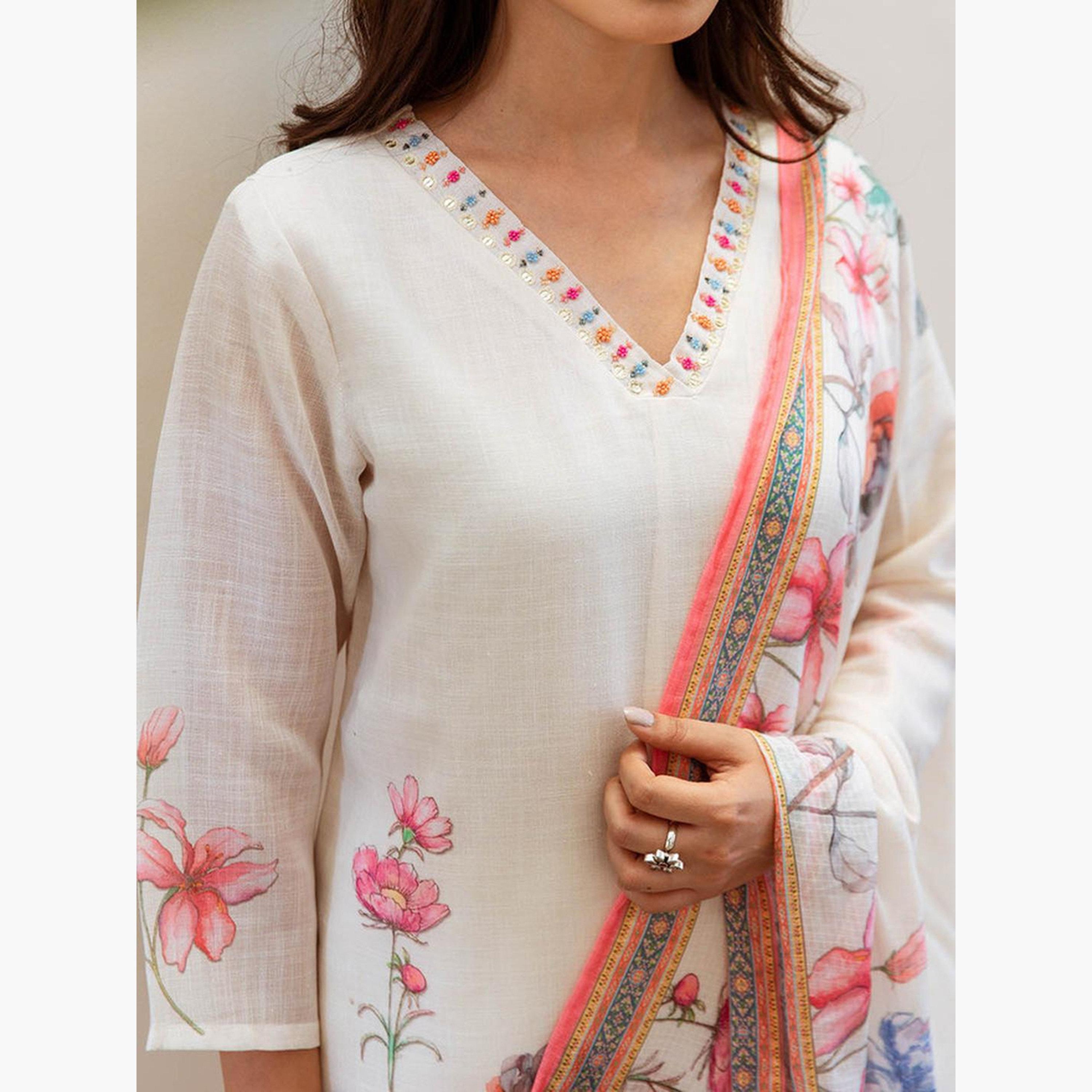 إيشين - طقم كورتا من الكتان لون أبيض العاجي مع بنطال ووشاح-women-clothing-ethnicwear-kurtasets-image-2