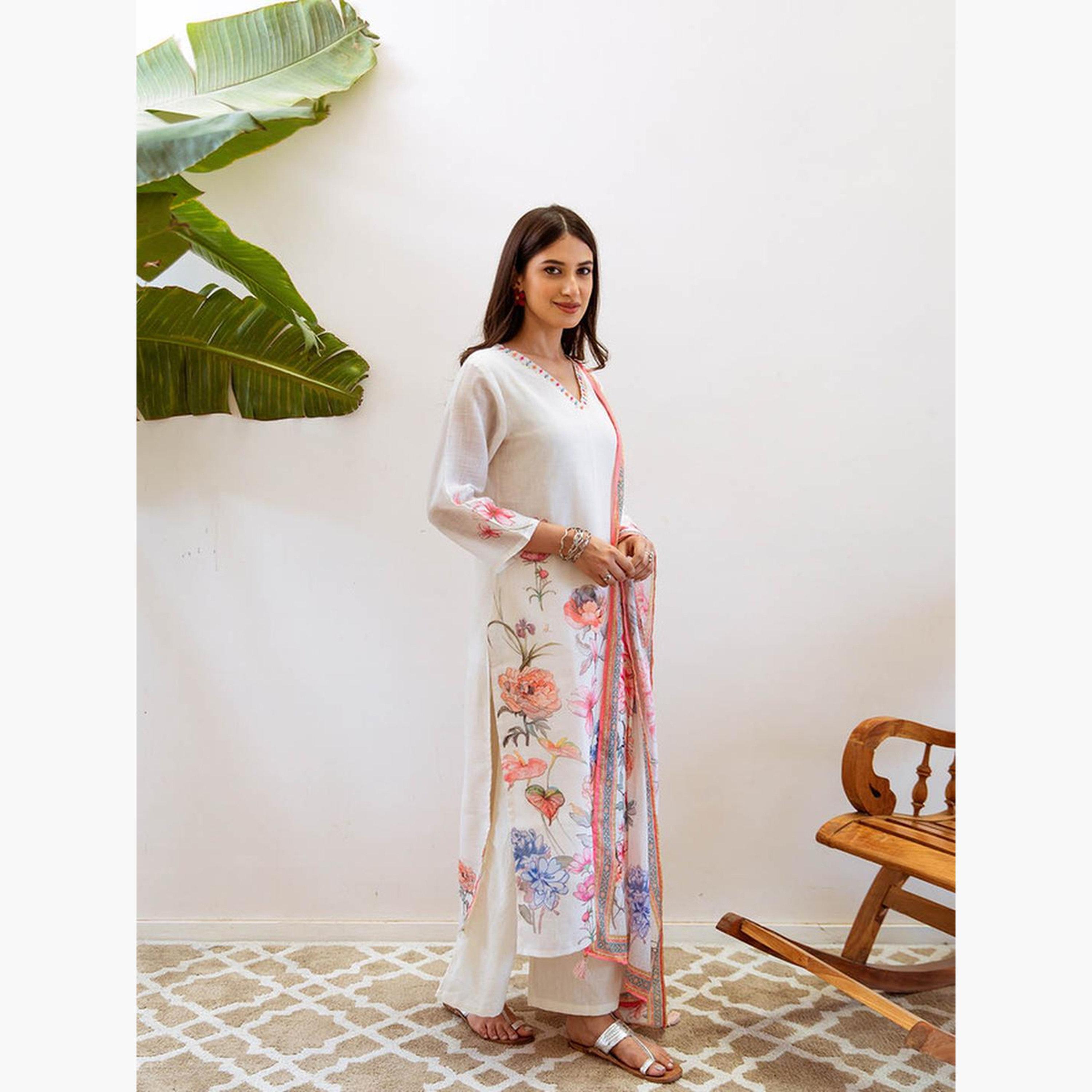 إيشين - طقم كورتا من الكتان لون أبيض العاجي مع بنطال ووشاح-women-clothing-ethnicwear-kurtasets-image-3