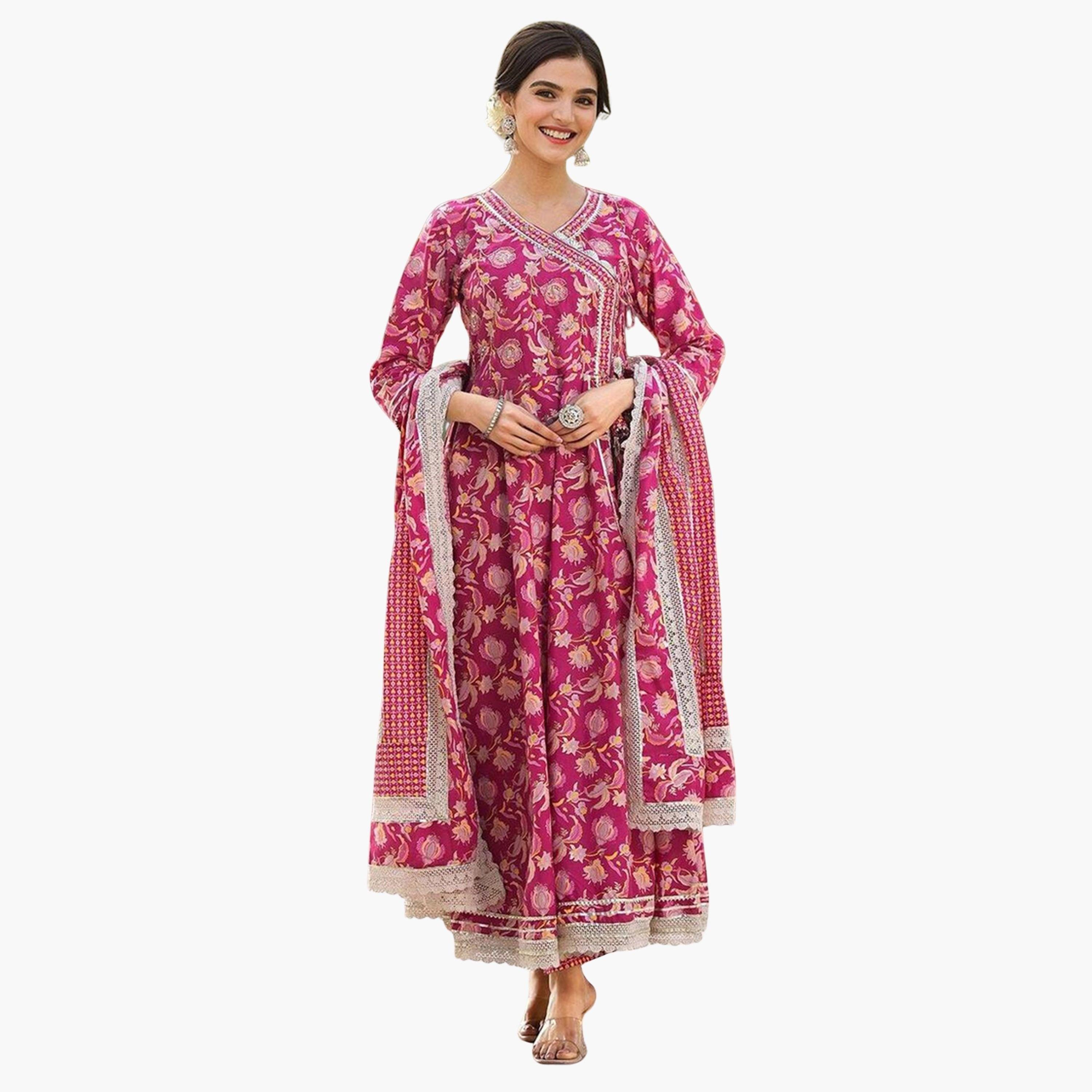 إيشين - طقم كورتا وبنطال مع دوباتا زهري اللون-women-clothing-ethnicwear-kurtasets-image-1