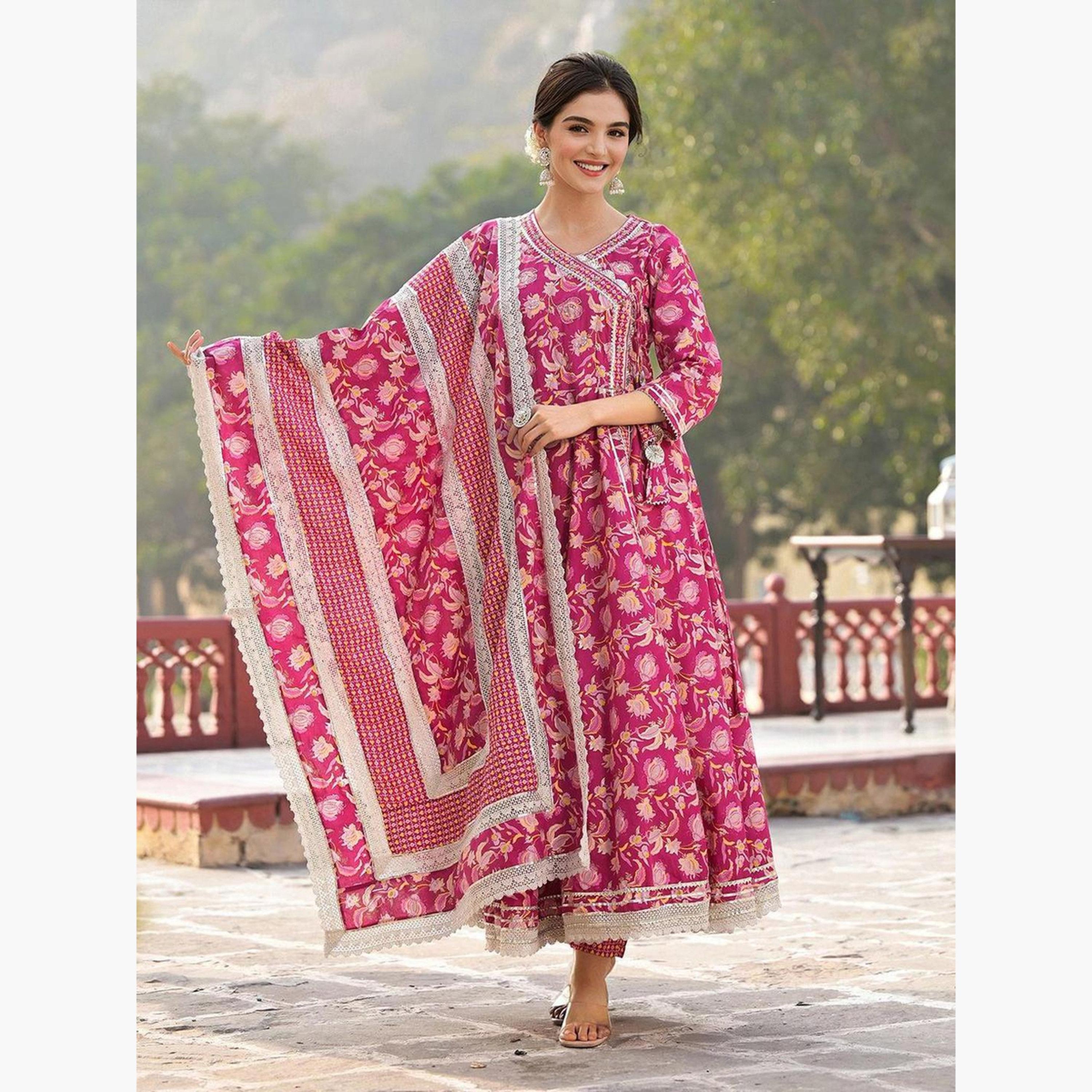 إيشين - طقم كورتا وبنطال مع دوباتا زهري اللون-women-clothing-ethnicwear-kurtasets-image-2