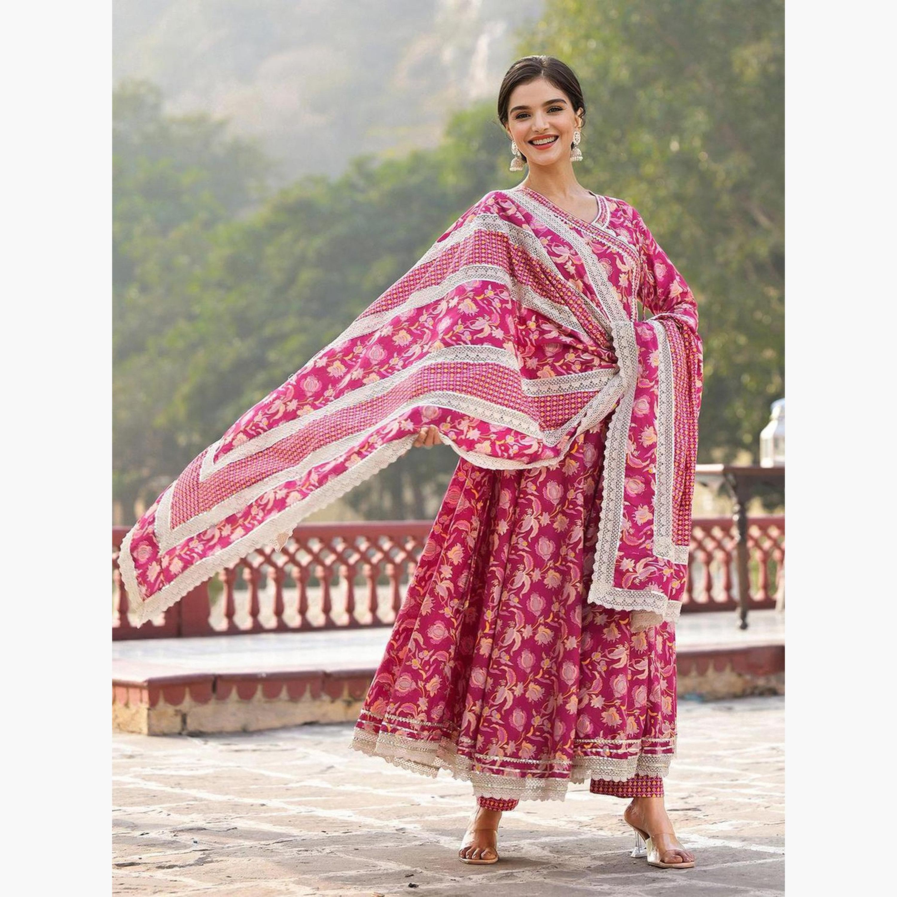إيشين - طقم كورتا وبنطال مع دوباتا زهري اللون-women-clothing-ethnicwear-kurtasets-image-3