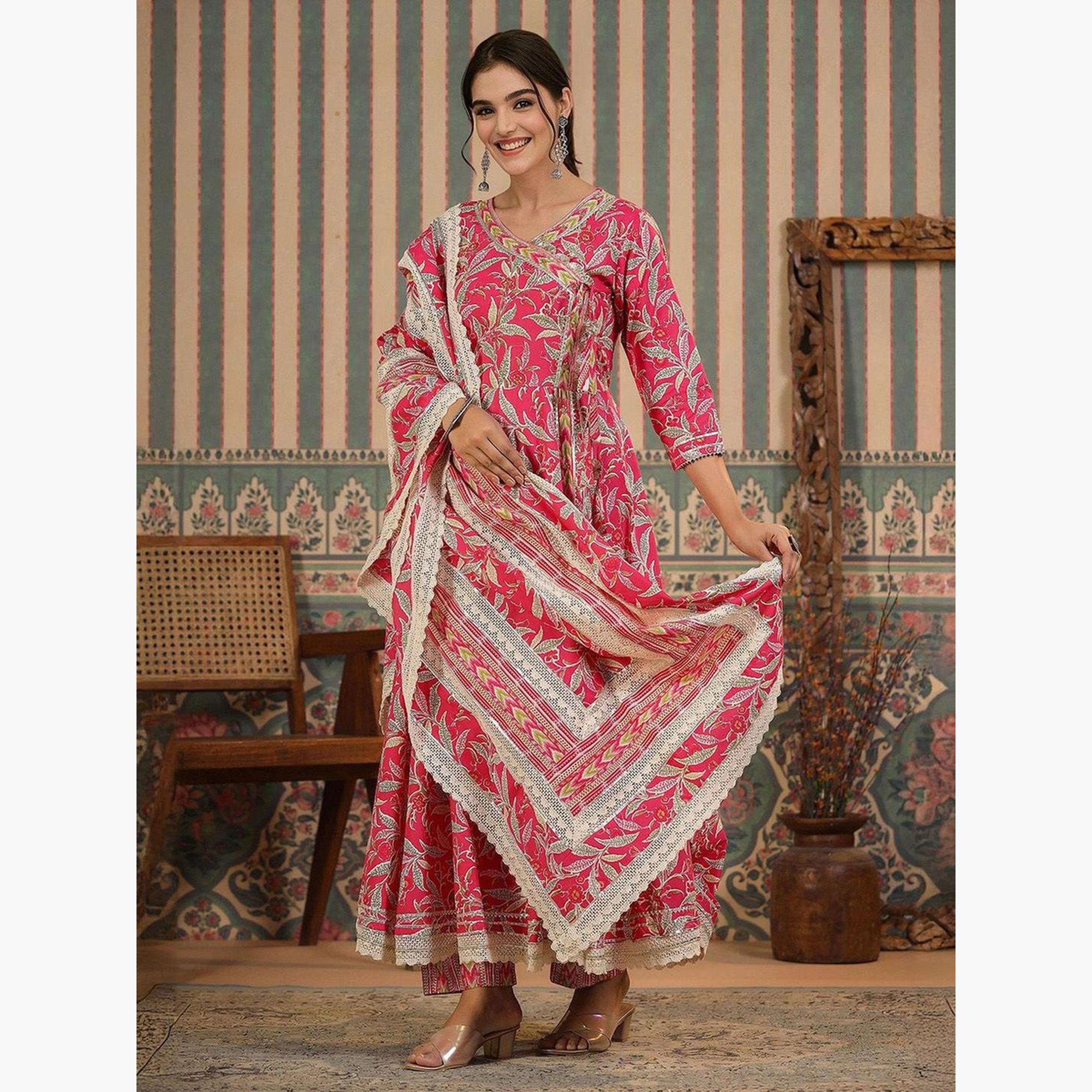 إيشين - طقم كورتا وبنطال مع دوباتا زهري اللون-women-clothing-ethnicwear-kurtasets-image-4