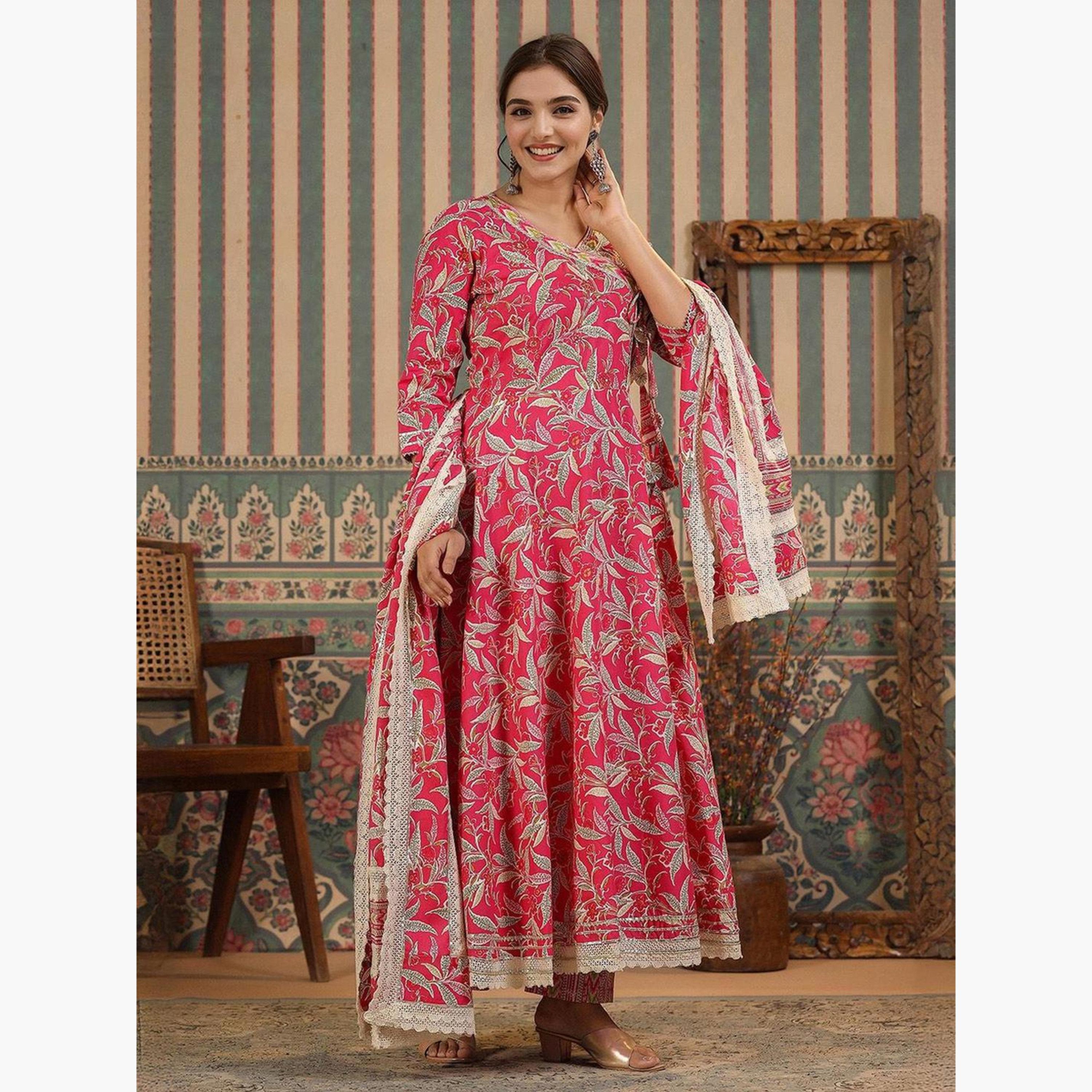 إيشين - طقم كورتا وبنطال مع دوباتا زهري اللون-women-clothing-ethnicwear-kurtasets-image-6
