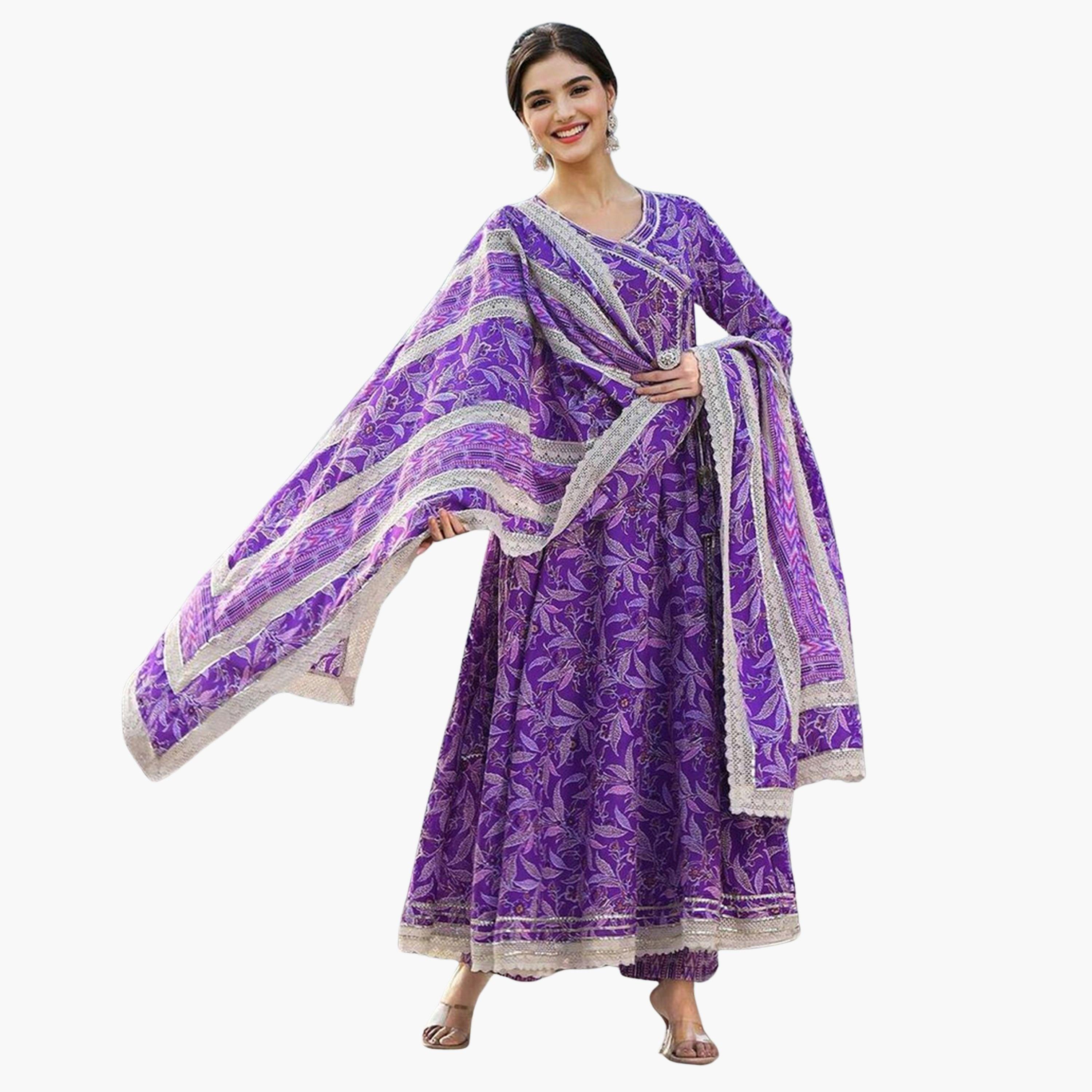 إيشين - طقم كورتا قطني أرجواني مع بنطال دوباتا-women-clothing-ethnicwear-kurtasets-image-1