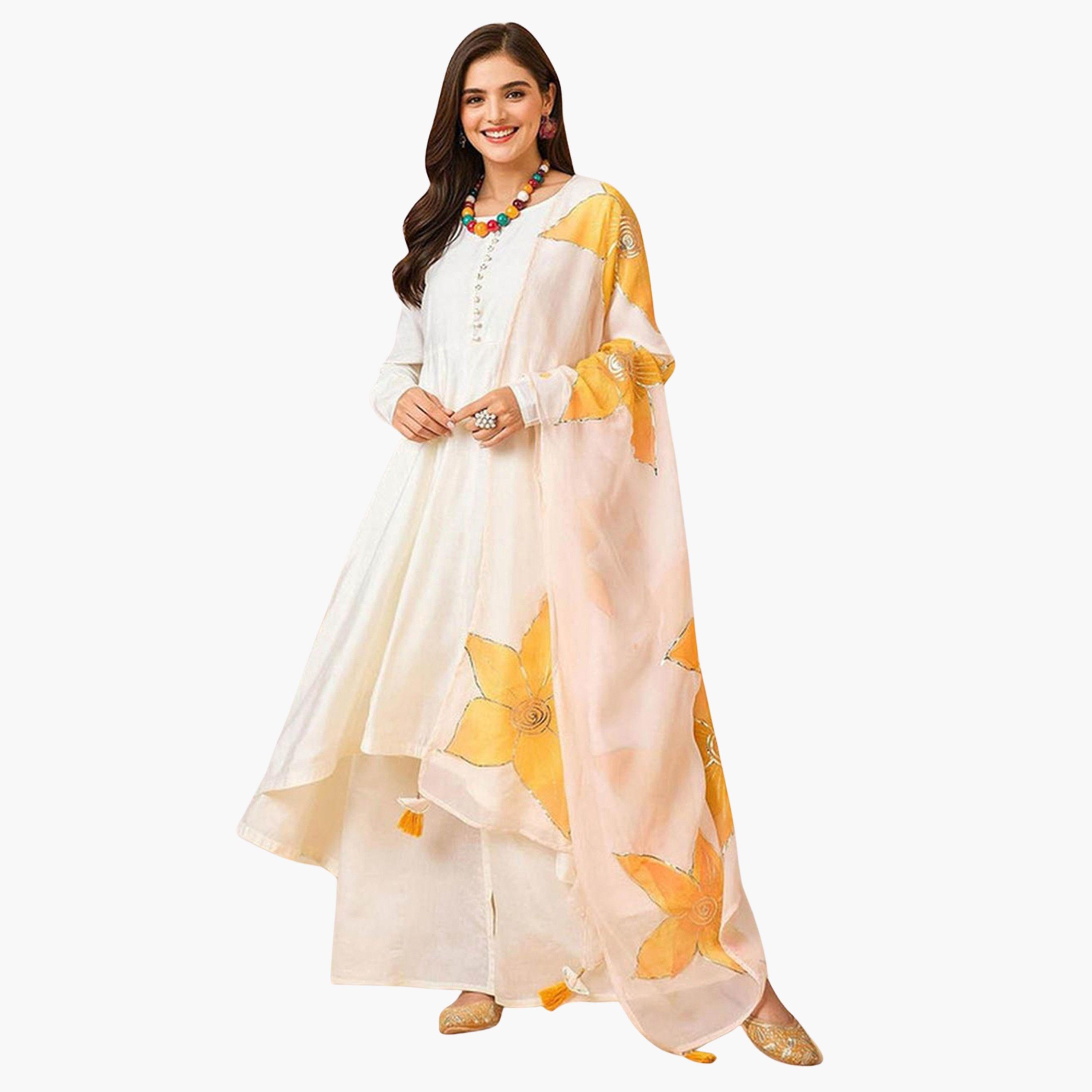 إيشين - طقم كورتا من مزيج الحرير لون أبيض العاجي مع بنطال ووشاح-women-clothing-ethnicwear-kurtasets-image-1