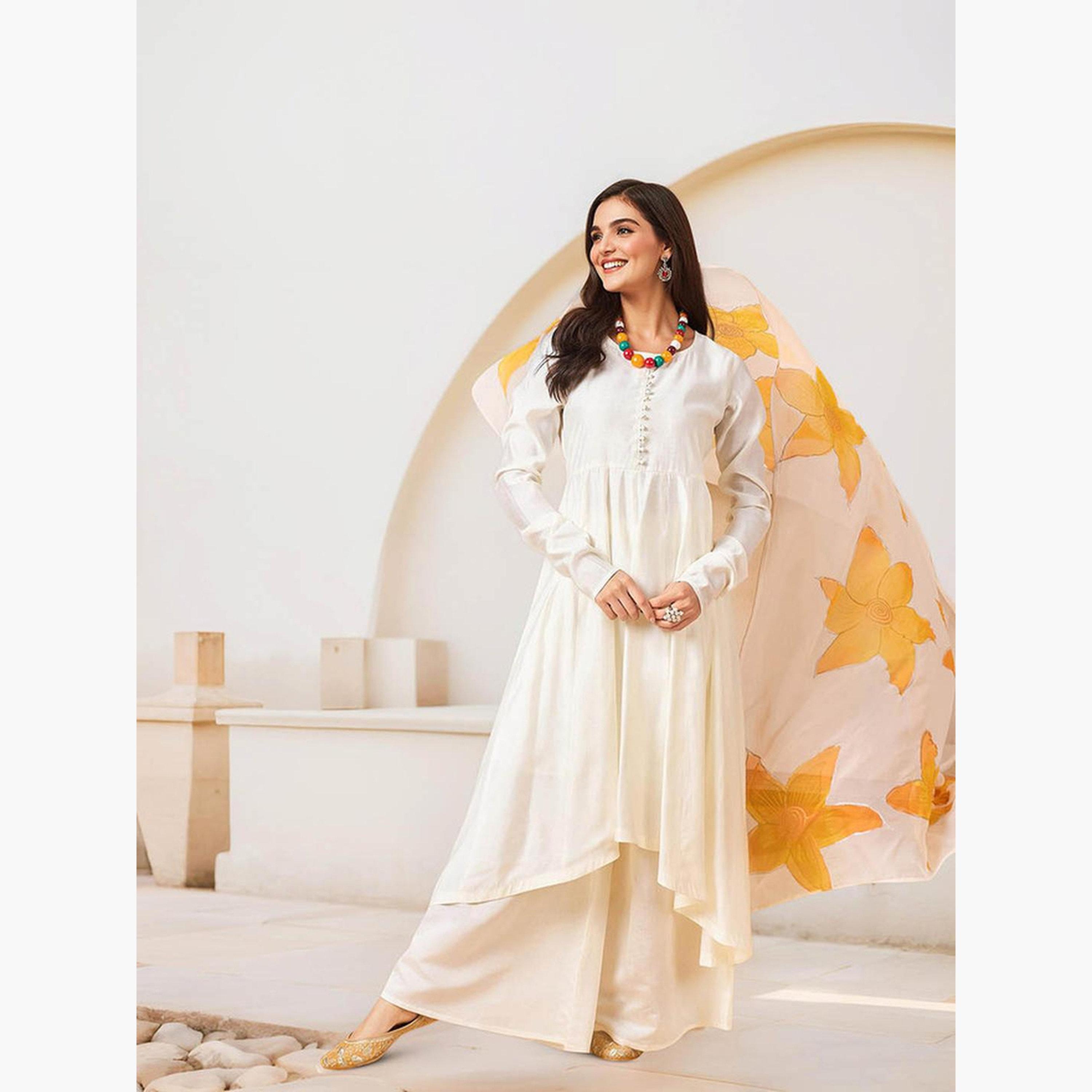 إيشين - طقم كورتا من مزيج الحرير لون أبيض العاجي مع بنطال ووشاح-women-clothing-ethnicwear-kurtasets-image-3