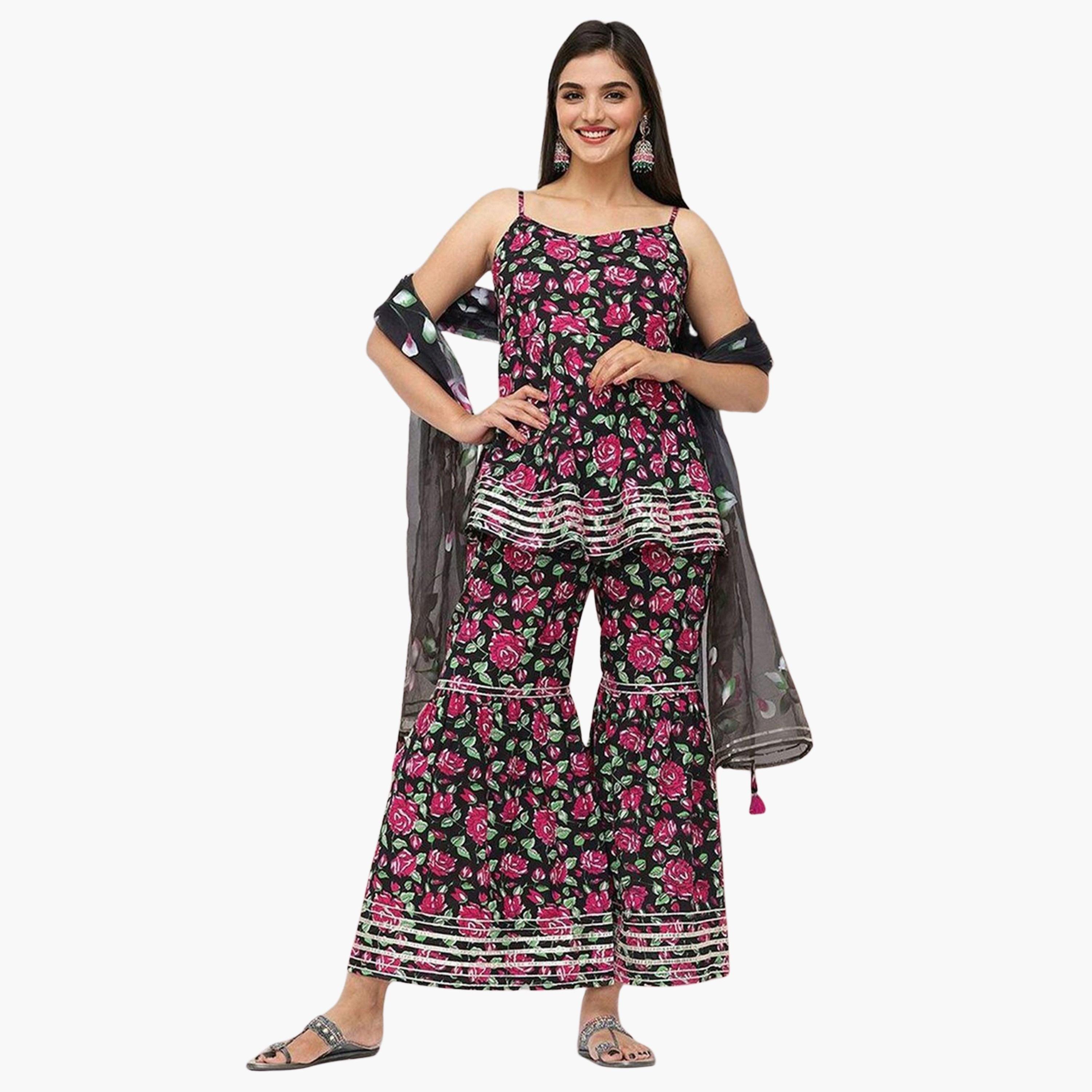 Ishin X Styli Black Floral Cotton Kurta with Pants and Dupatta Set-women-clothing-ethnicwear-kurtasets-image-1