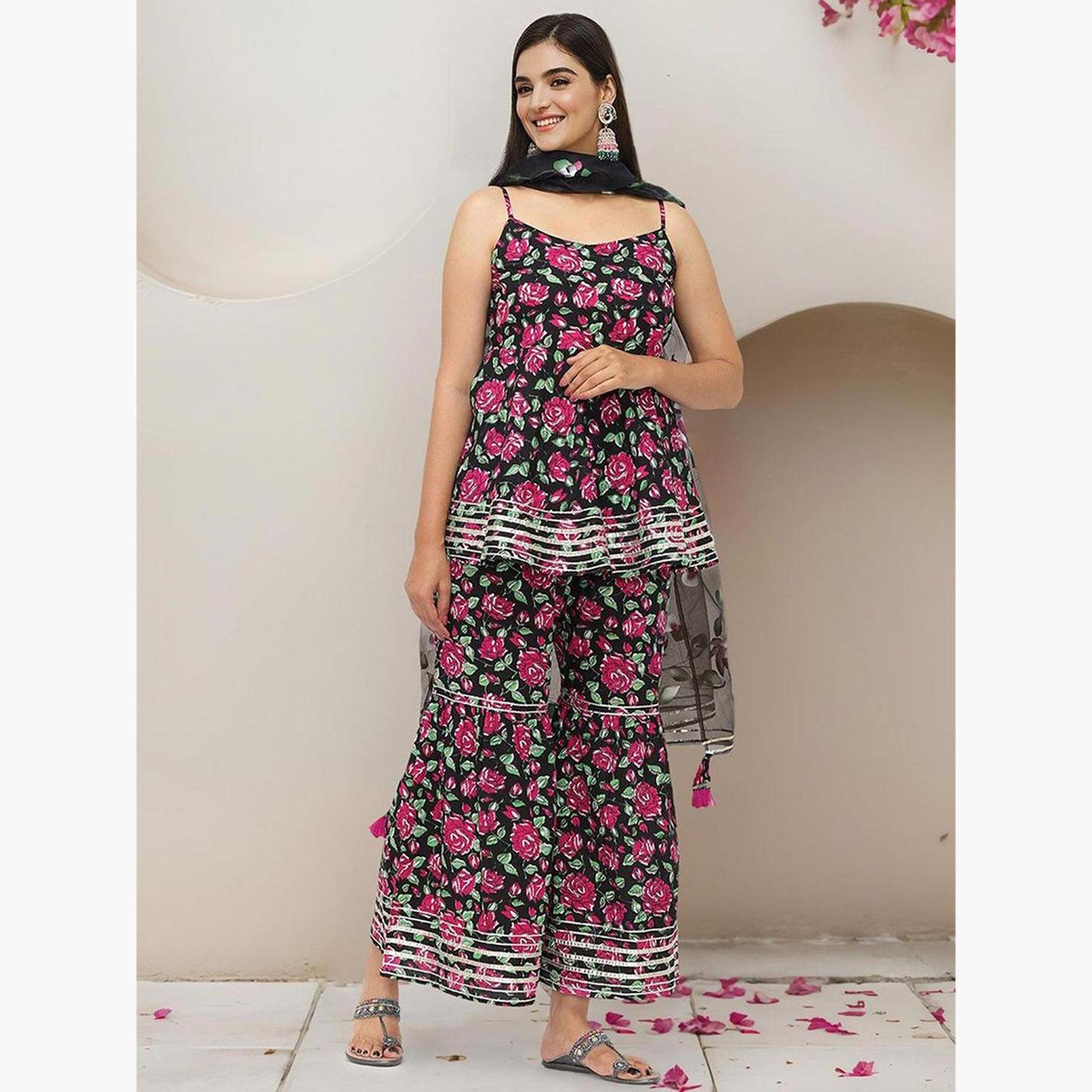 Ishin X Styli Black Floral Cotton Kurta with Pants and Dupatta Set-women-clothing-ethnicwear-kurtasets-image-2