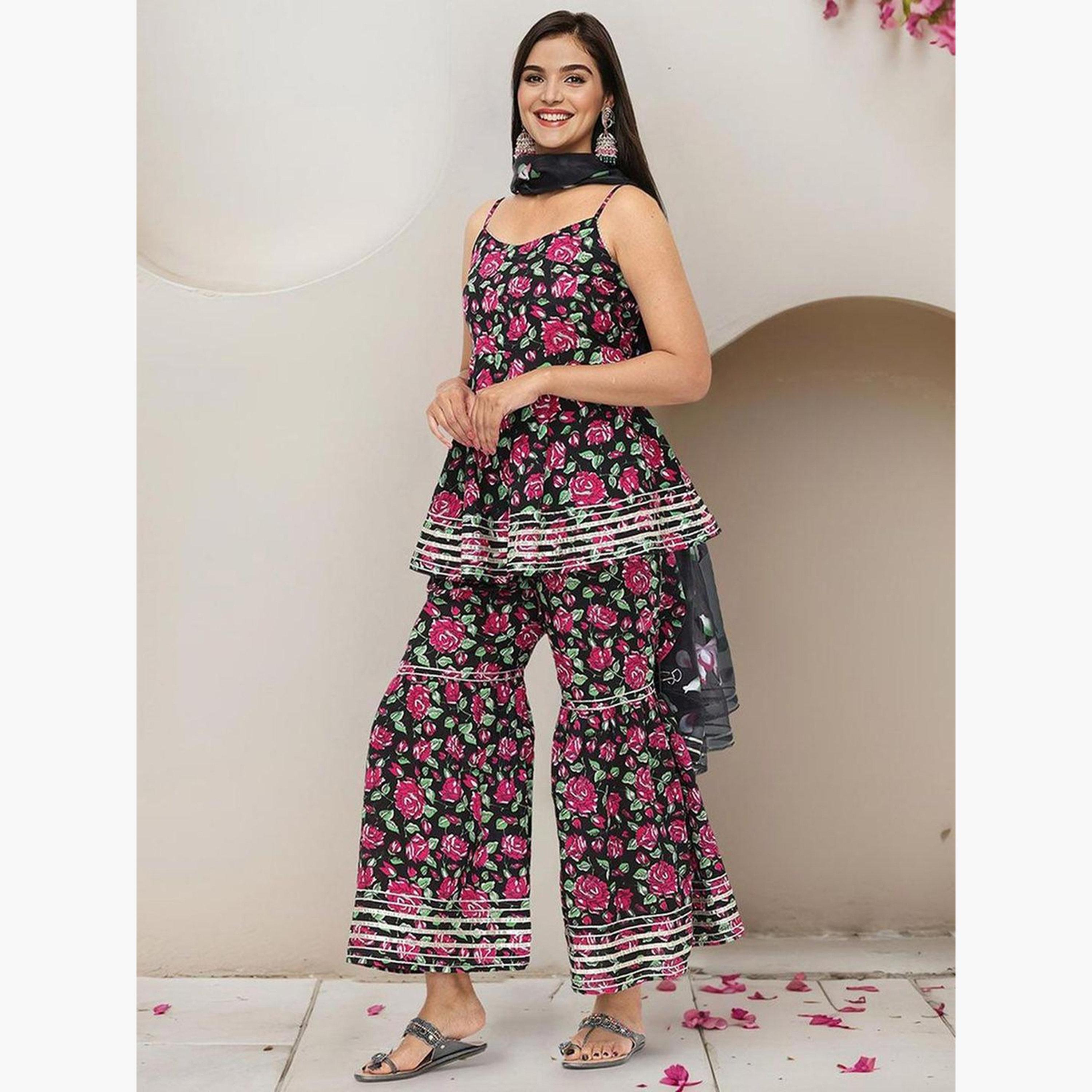 Ishin X Styli Black Floral Cotton Kurta with Pants and Dupatta Set-women-clothing-ethnicwear-kurtasets-image-3