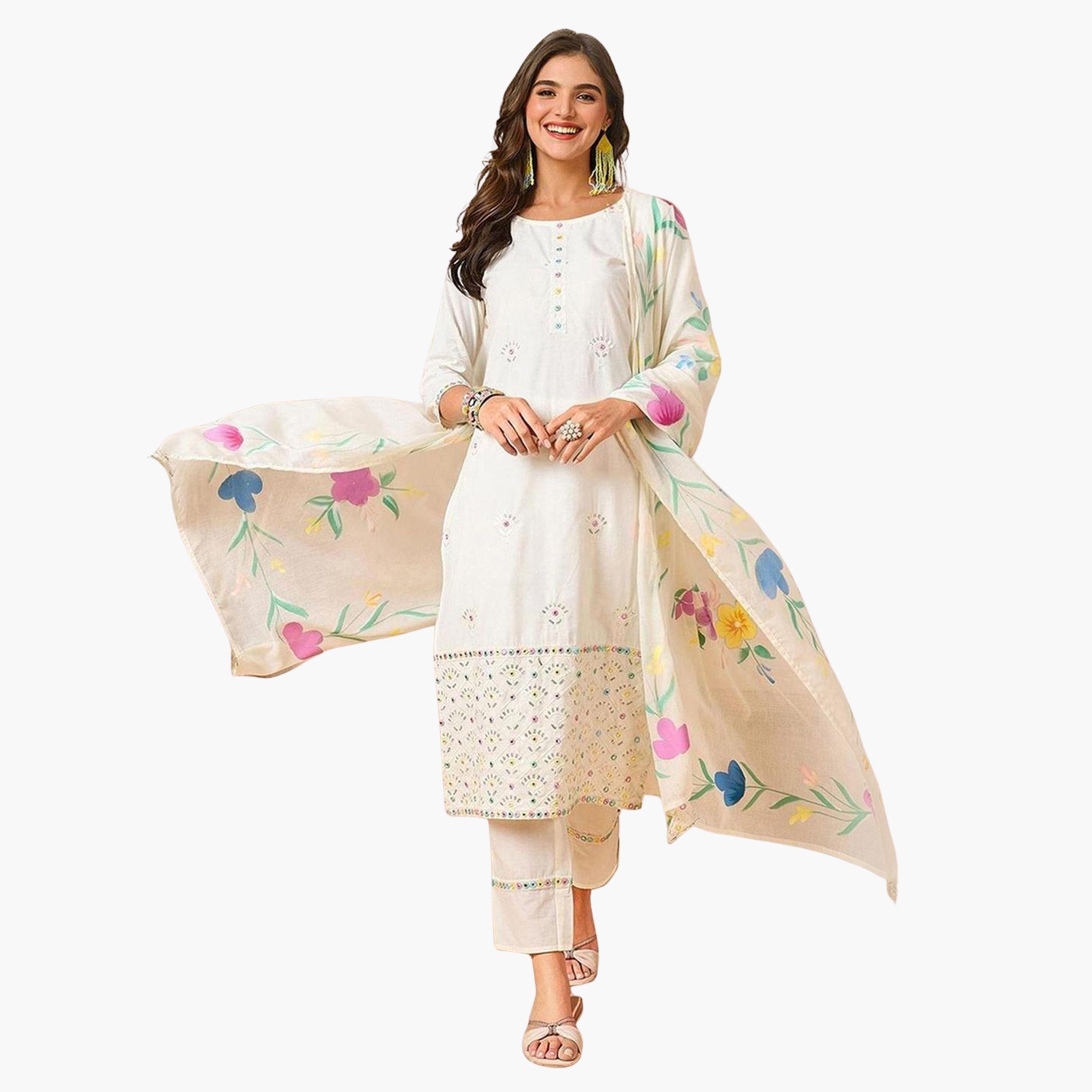 إيشين - طقم كورتا قطني أبيض عاجي مع بنطال ووشاح-women-clothing-ethnicwear-kurtasets-image-1