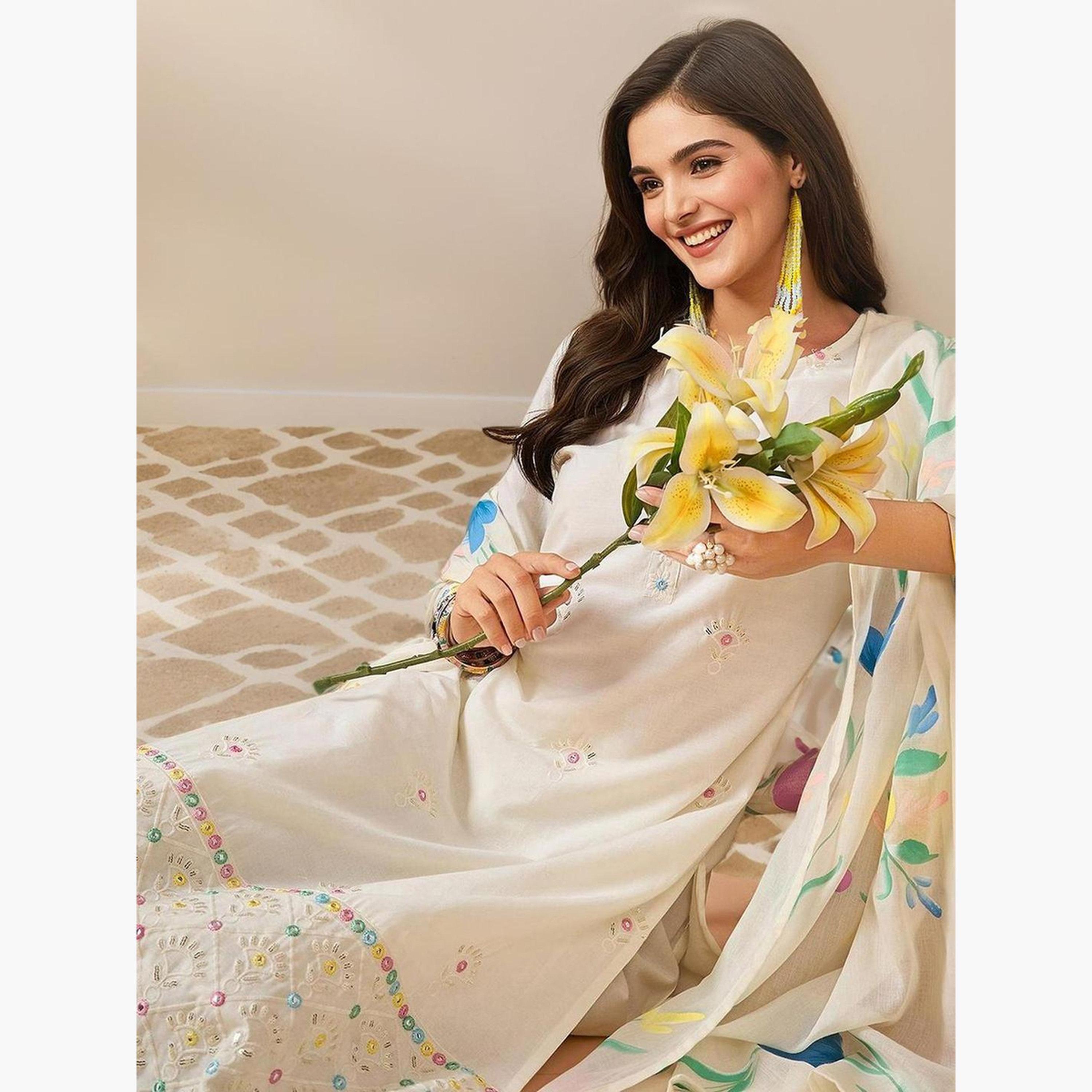 Ishin X Styli Off White Cotton Kurta with Pants and Dupatta Set-women-clothing-ethnicwear-kurtasets-image-2
