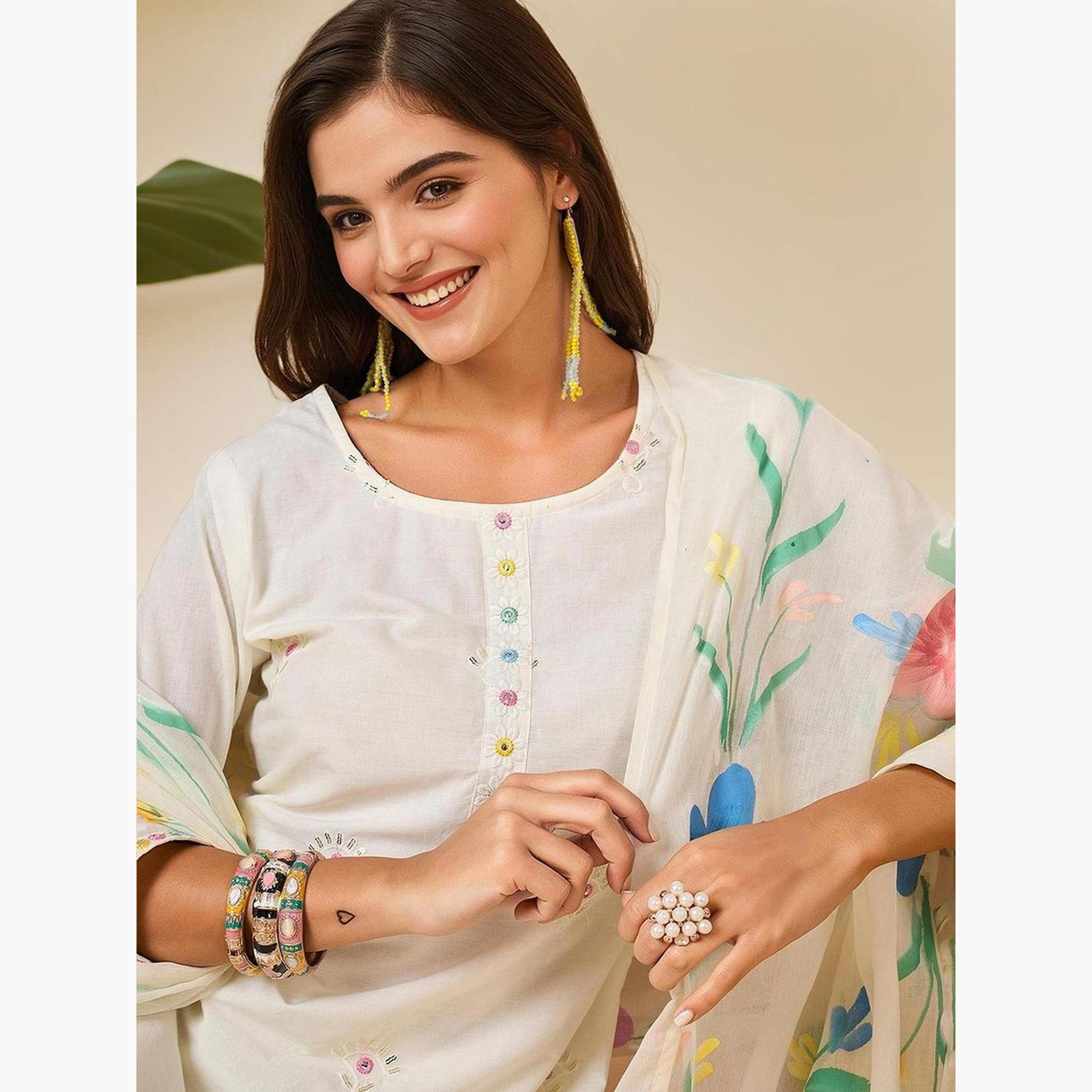 إيشين - طقم كورتا قطني أبيض عاجي مع بنطال ووشاح-women-clothing-ethnicwear-kurtasets-image-3
