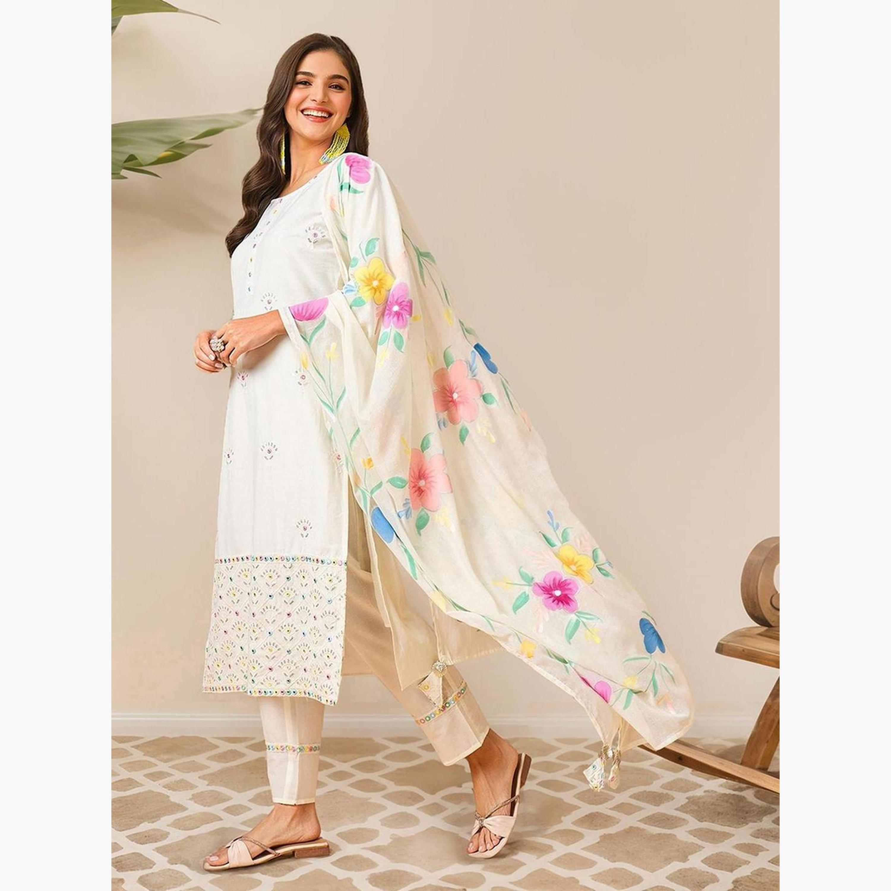 إيشين - طقم كورتا قطني أبيض عاجي مع بنطال ووشاح-women-clothing-ethnicwear-kurtasets-image-4