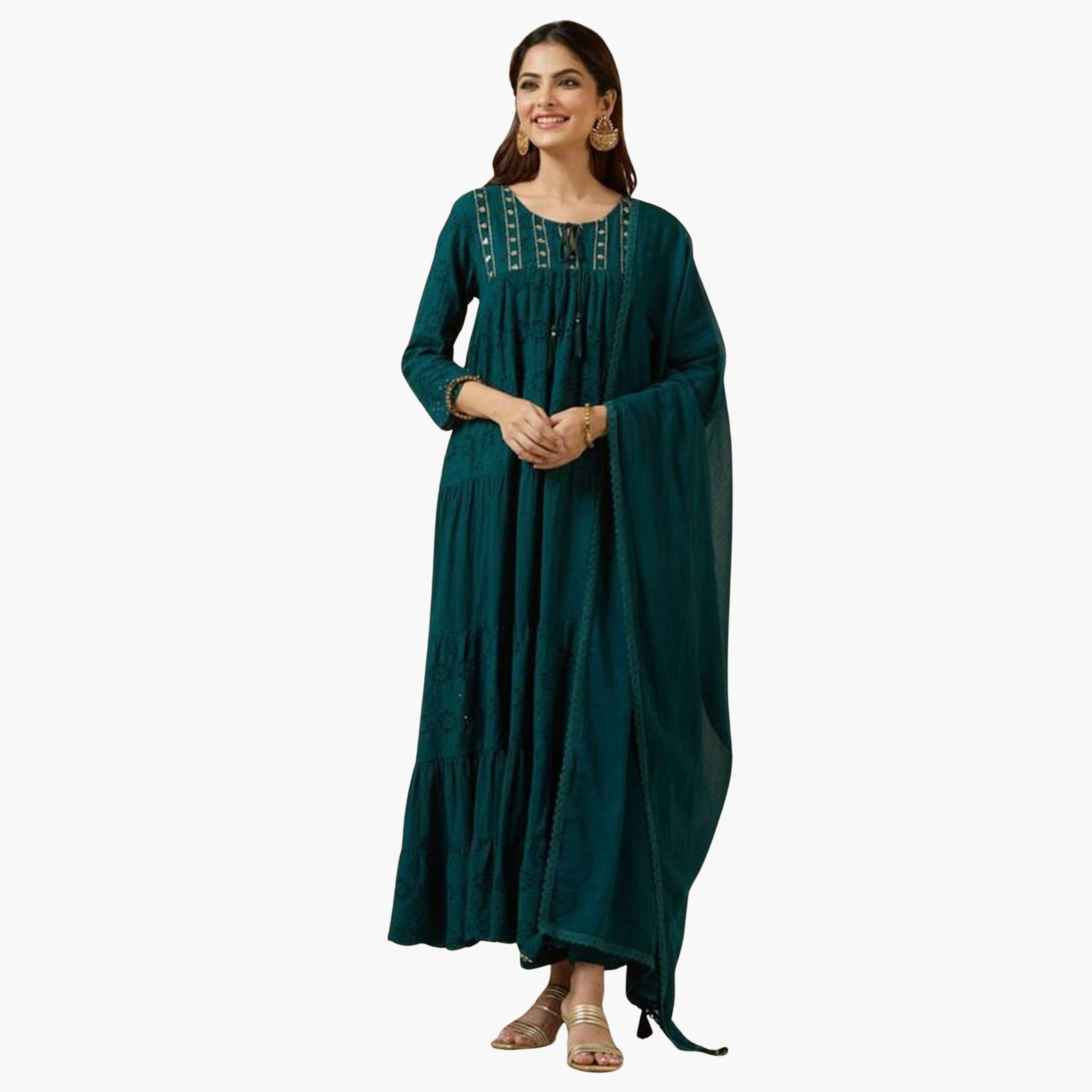 إيشين - طقم كورتا قطني أخضر مع بنطال ووشاح-women-clothing-ethnicwear-kurtasets-image-1
