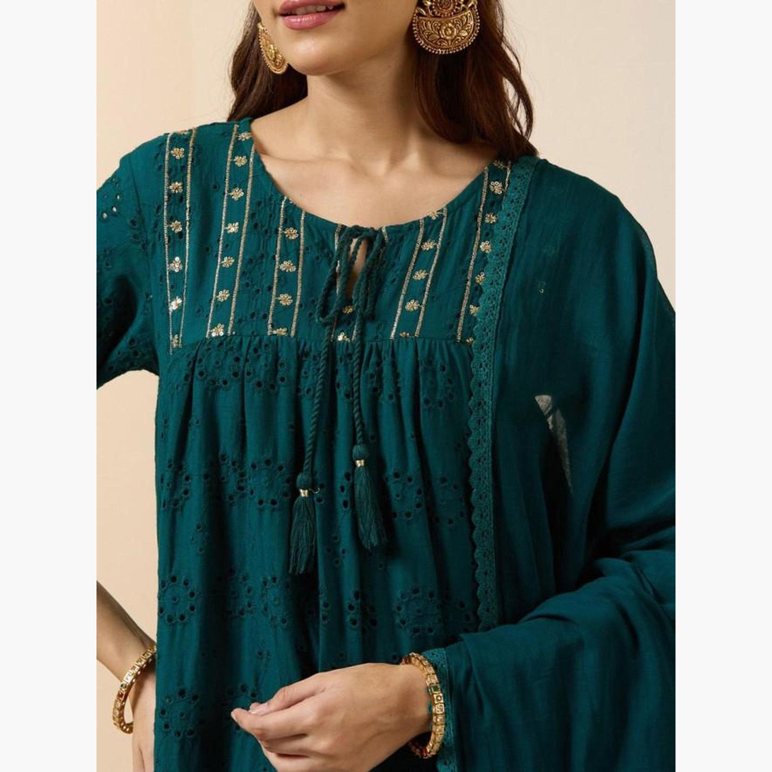 إيشين - طقم كورتا قطني أخضر مع بنطال ووشاح-women-clothing-ethnicwear-kurtasets-image-2