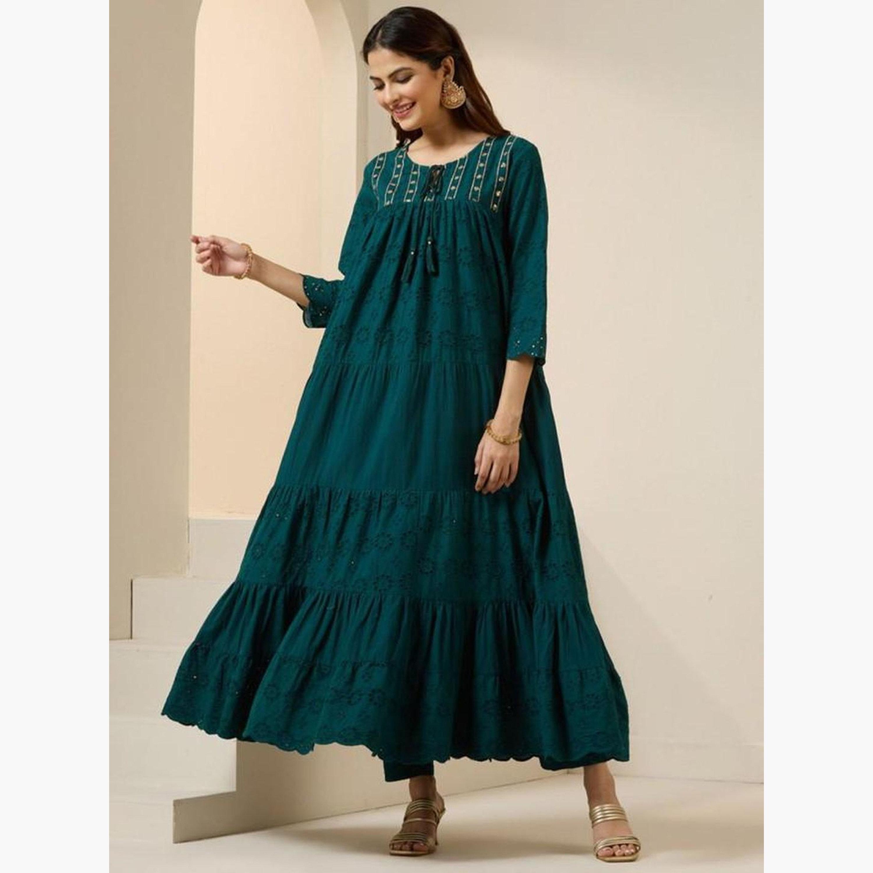 إيشين - طقم كورتا قطني أخضر مع بنطال ووشاح-women-clothing-ethnicwear-kurtasets-image-3