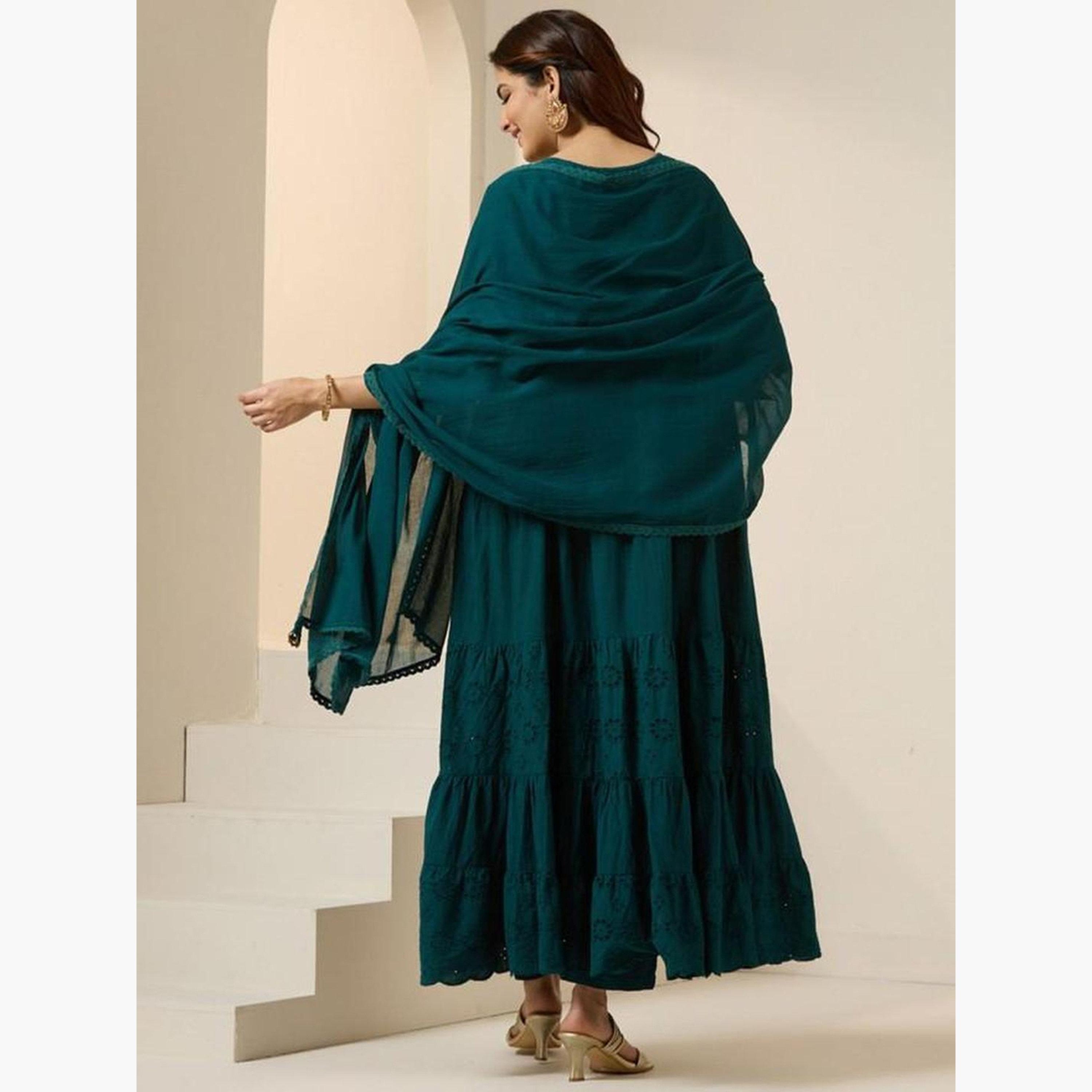 إيشين - طقم كورتا قطني أخضر مع بنطال ووشاح-women-clothing-ethnicwear-kurtasets-image-4