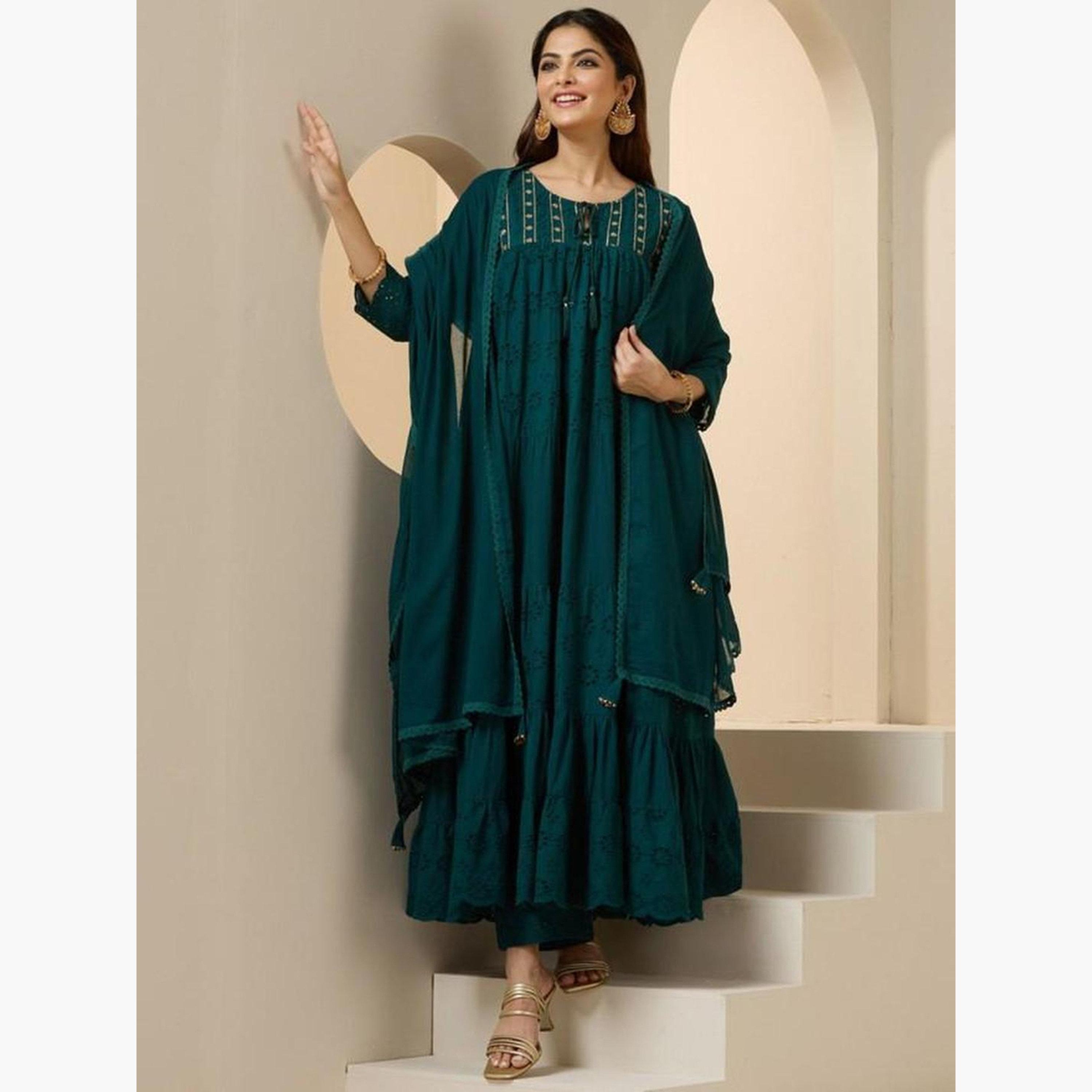 إيشين - طقم كورتا قطني أخضر مع بنطال ووشاح-women-clothing-ethnicwear-kurtasets-image-5