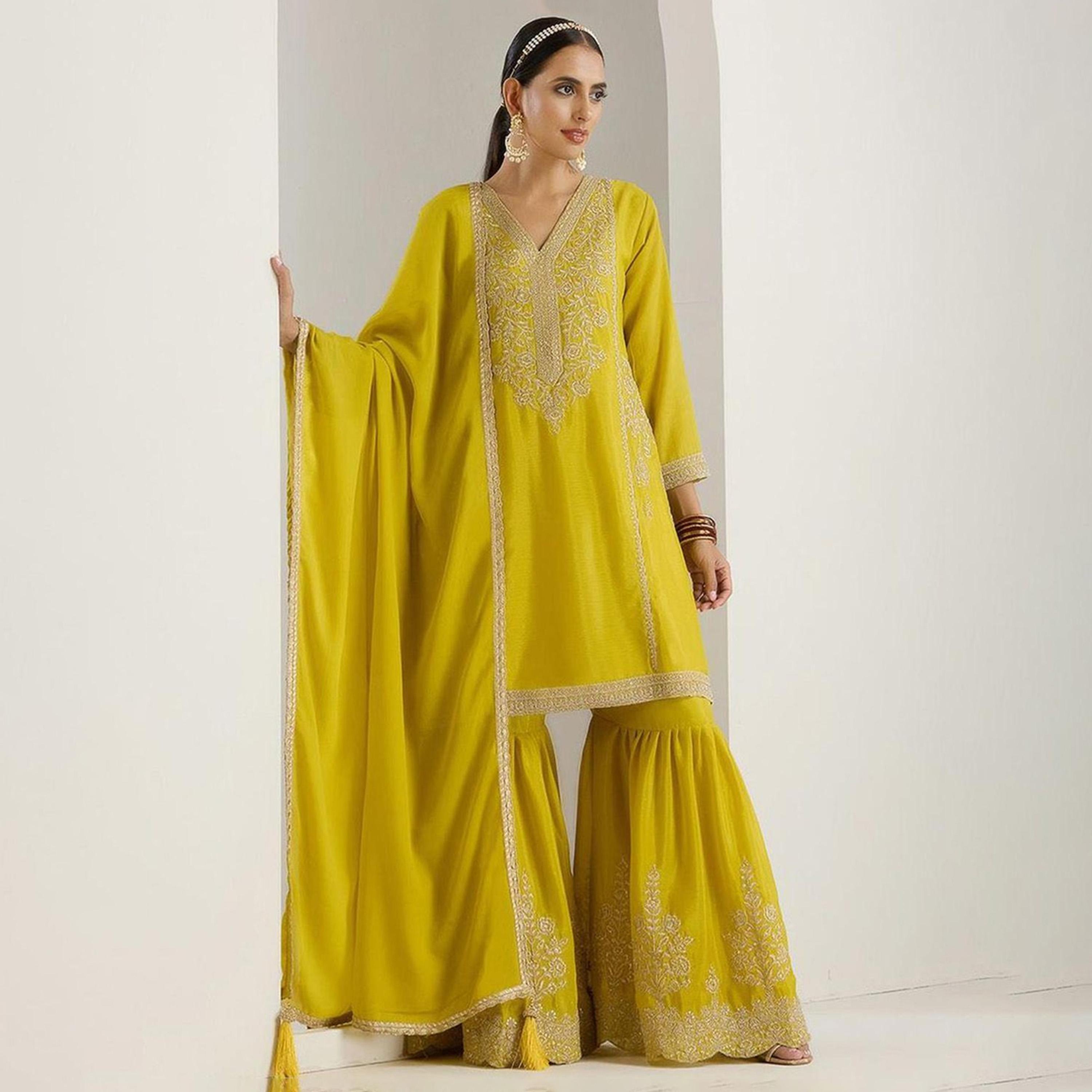 Ishin X Styli Mustard Embroidered Kurta with Pant and Dupatta Set-women-clothing-ethnicwear-kurtasets-image-1