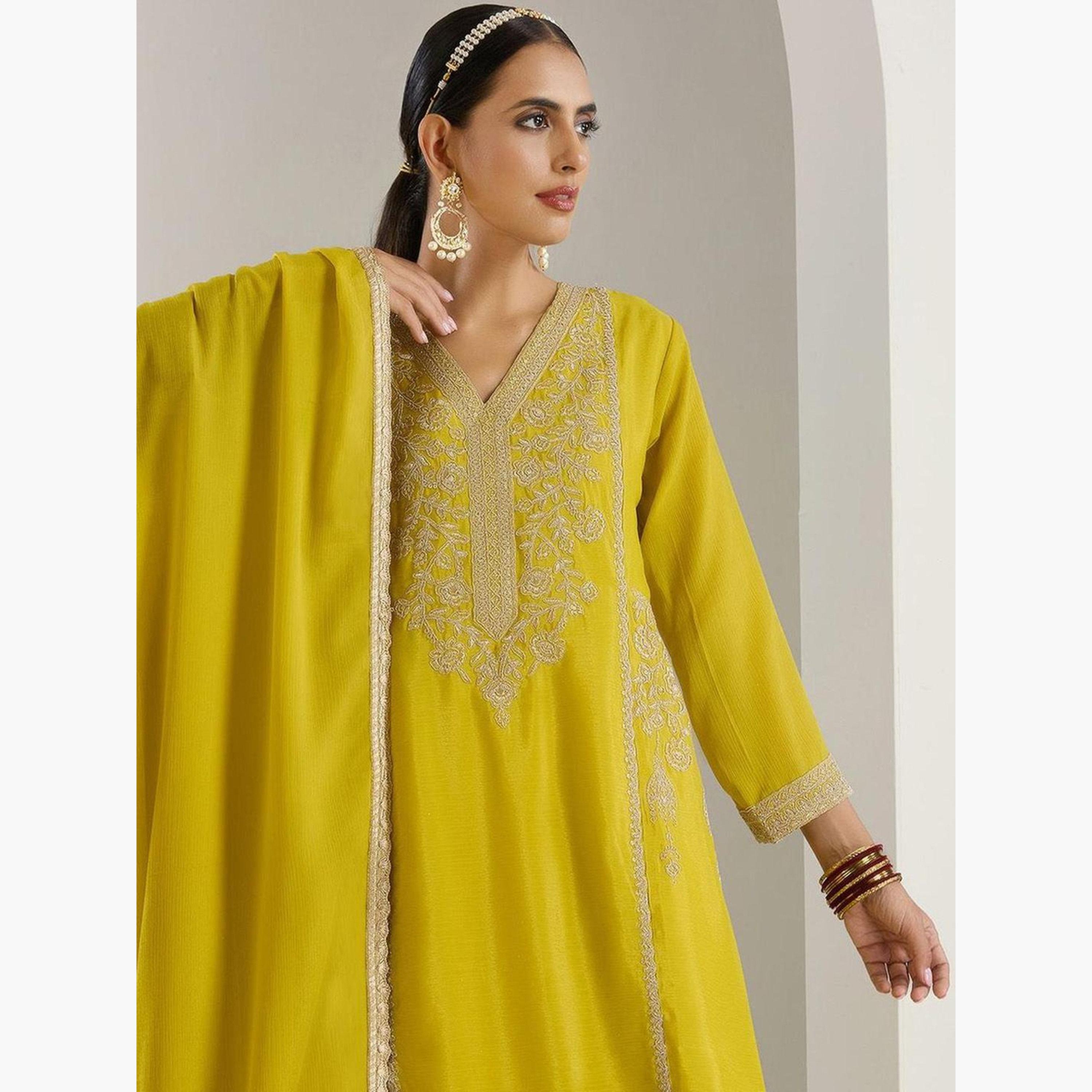 Ishin X Styli Mustard Embroidered Kurta with Pant and Dupatta Set-women-clothing-ethnicwear-kurtasets-image-2