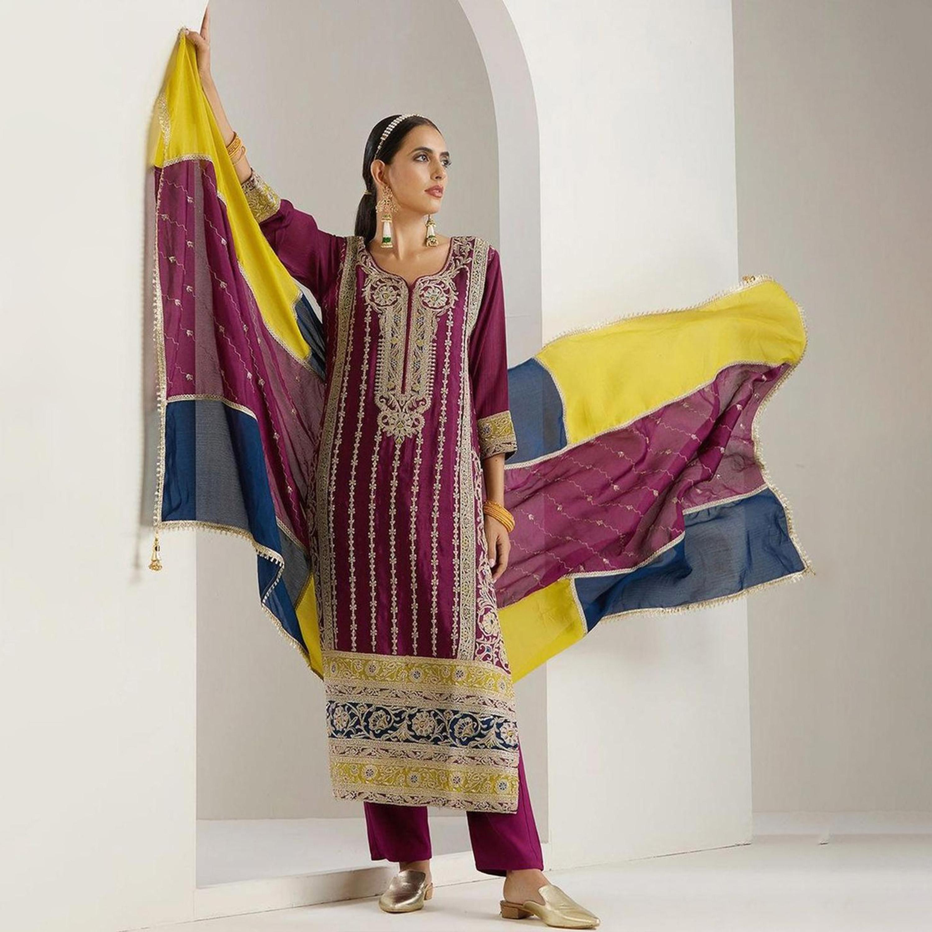Ishin X Styli Purple Kurta with Pant and Dupatta Set-women-clothing-ethnicwear-kurtasets-image-1