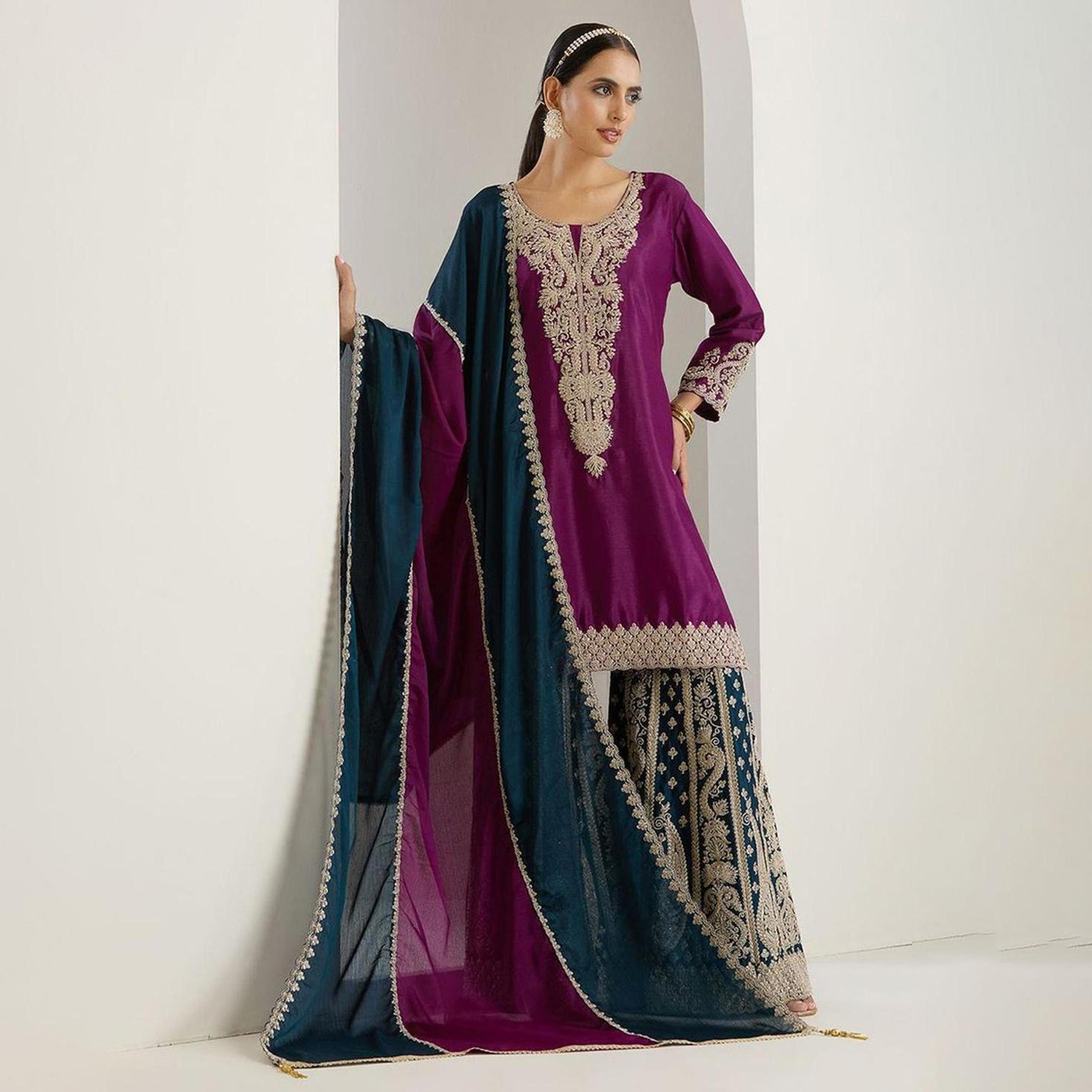 إيشين - طقم كورتا أرجواني مع بنطال دوباتا-women-clothing-ethnicwear-kurtasets-image-1