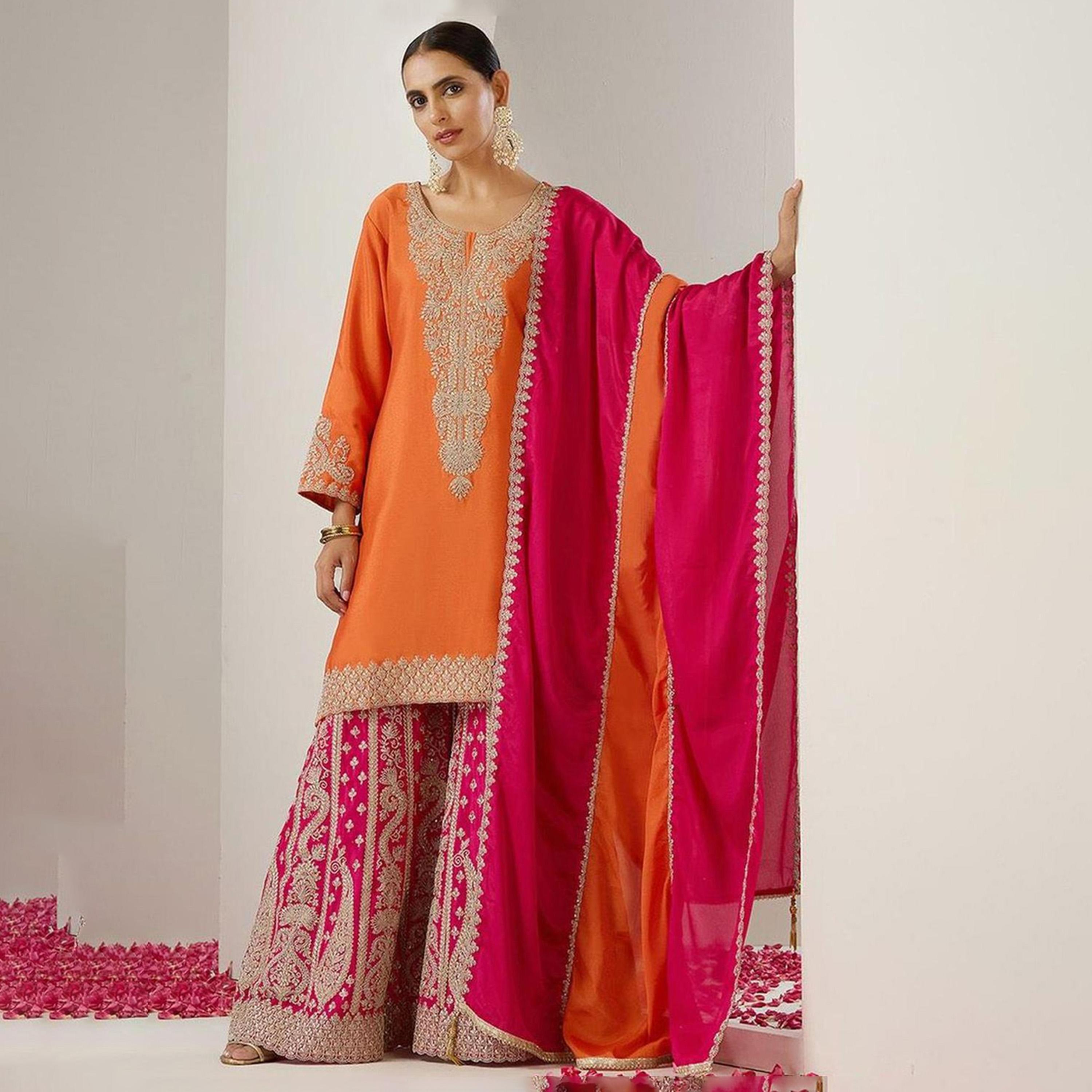 إيشين - طقم كورتا برتقالي من القطن مع بنطال ووشاح-women-clothing-ethnicwear-kurtasets-image-1
