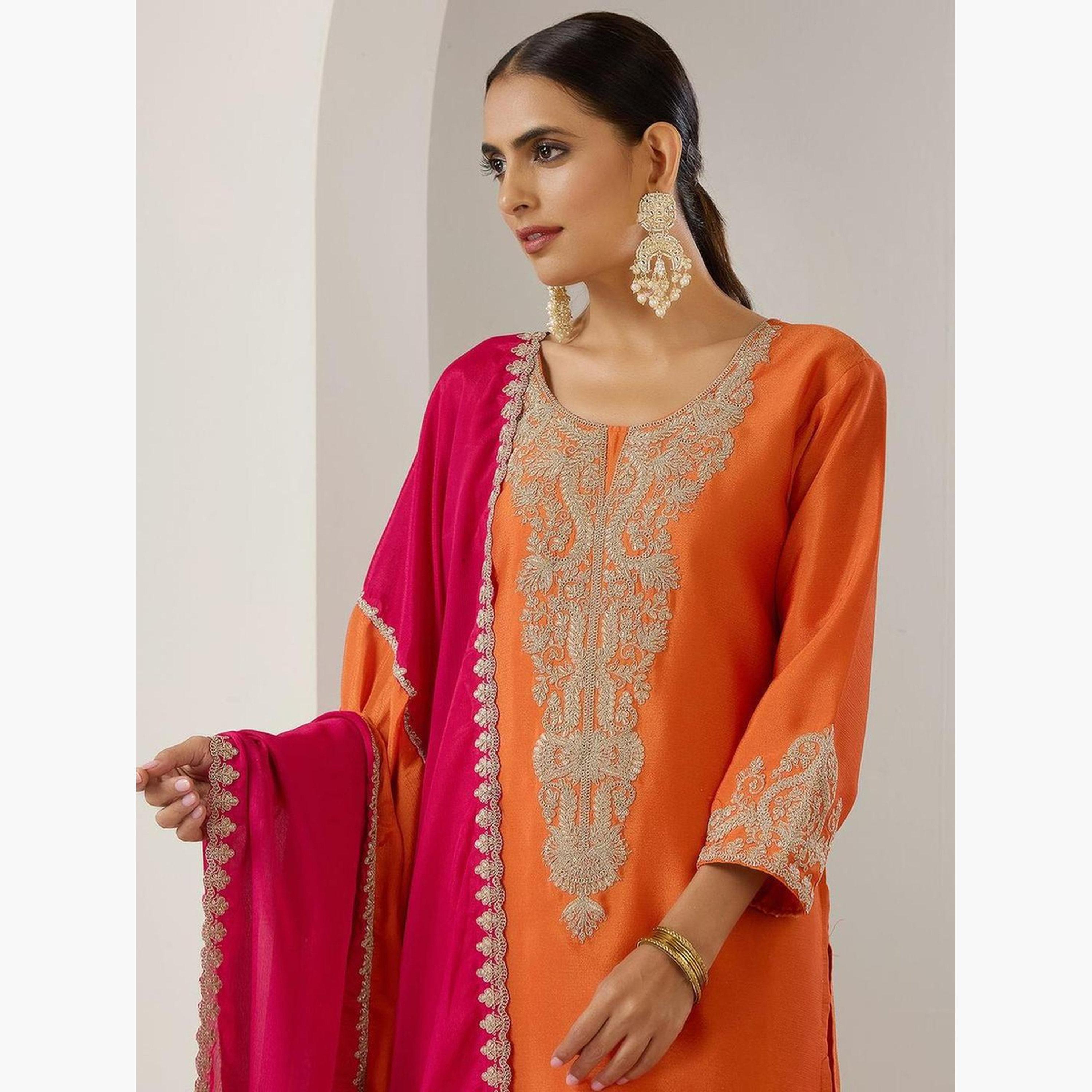 إيشين - طقم كورتا برتقالي من القطن مع بنطال ووشاح-women-clothing-ethnicwear-kurtasets-image-2