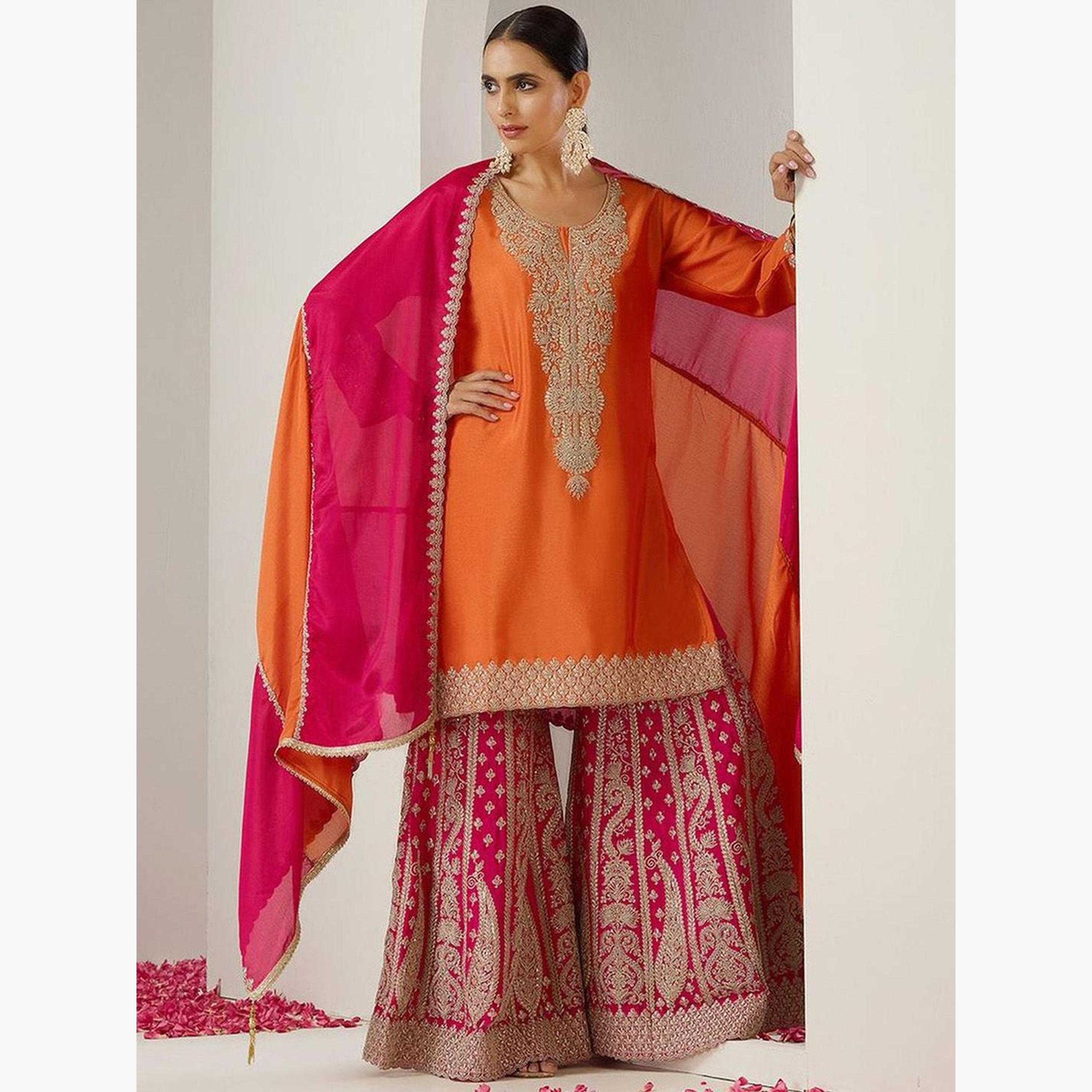 إيشين - طقم كورتا برتقالي من القطن مع بنطال ووشاح-women-clothing-ethnicwear-kurtasets-image-3